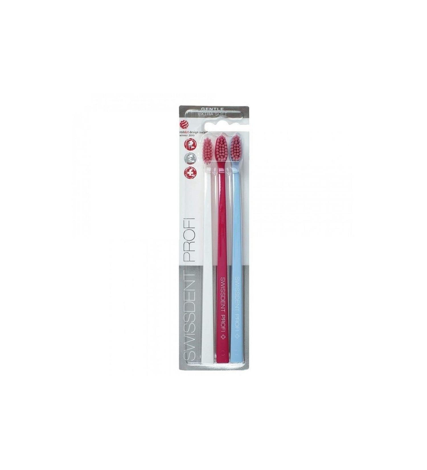Swissdent Profi Gentle toothbrush with extra soft bristles in a patented spoon shape for cleaning difficult places 3 pack white/pink/blue