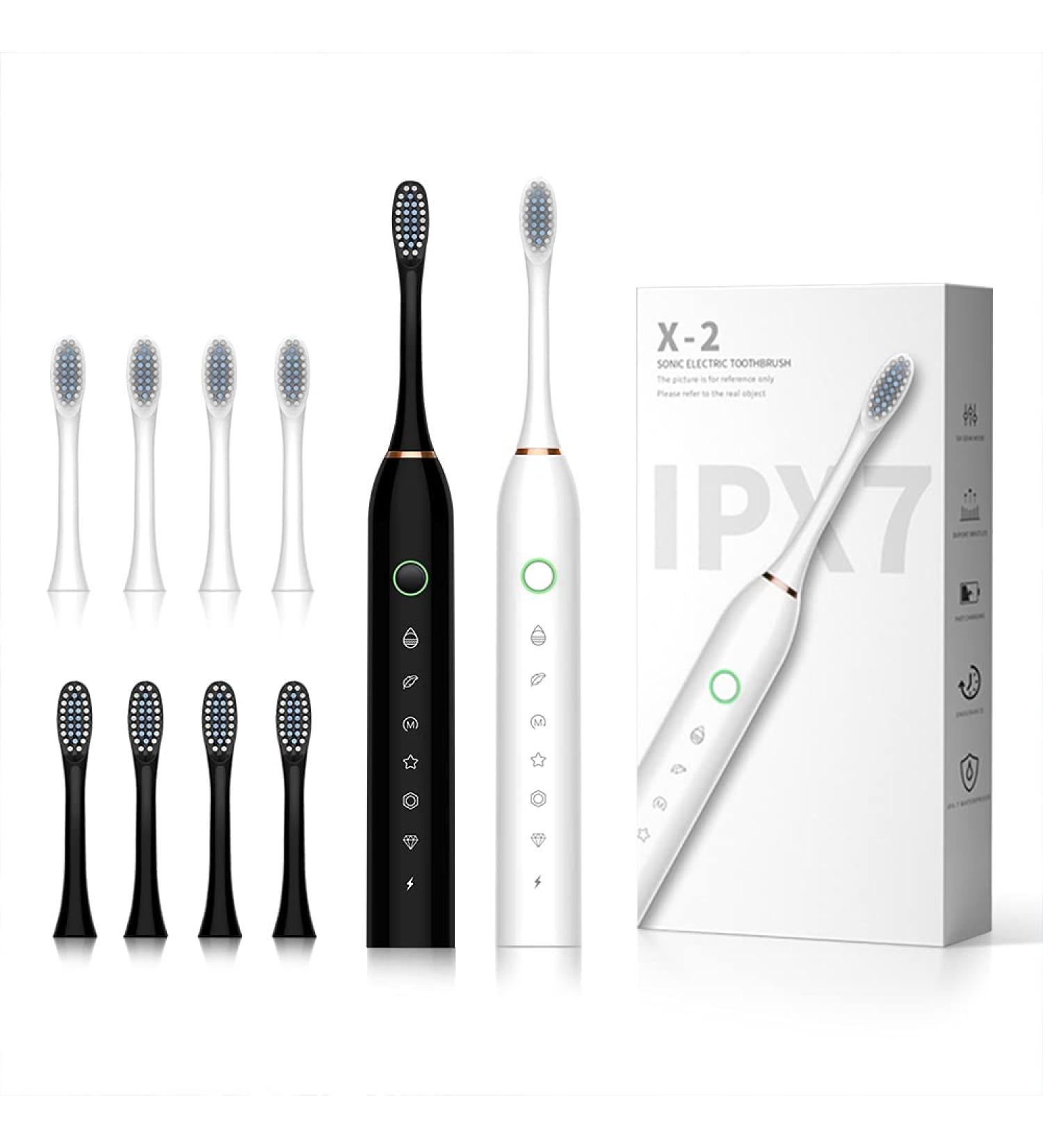 SUNPRO Sonic Electric Toothbrush 2 Pack, 6 Modes, 42000vpm, 8 Brush Heads, Built-in 2 Minute Timer - Black+White - Buy Online on GoSupps.com