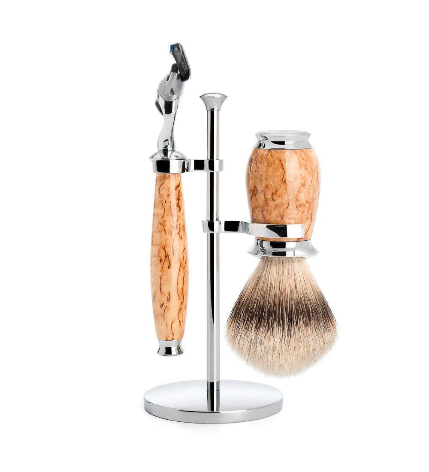 M HLE Purist Shaving Set - Silvertip Badger + Gillette Compatible - Karelian Curly Birch | Premium International Shipping - Buy Online on GoSupps.com