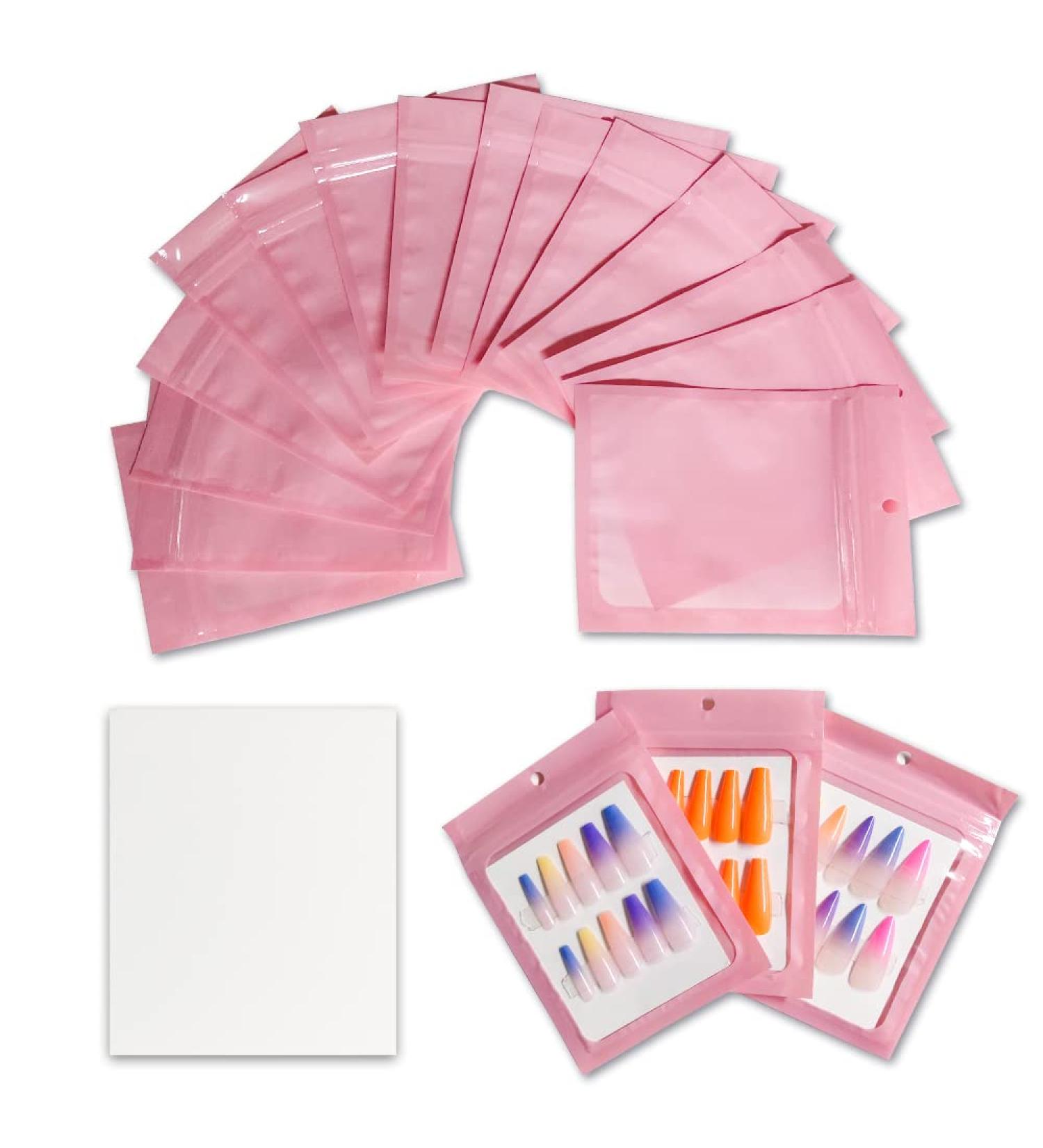 Zezzio 50 Piece Empty Press On Nail Packaging Bags - Pink & White Cardboard for Nail Shop Owners | 5x4 Inch (Pink) - Buy Online on GoSupps.com