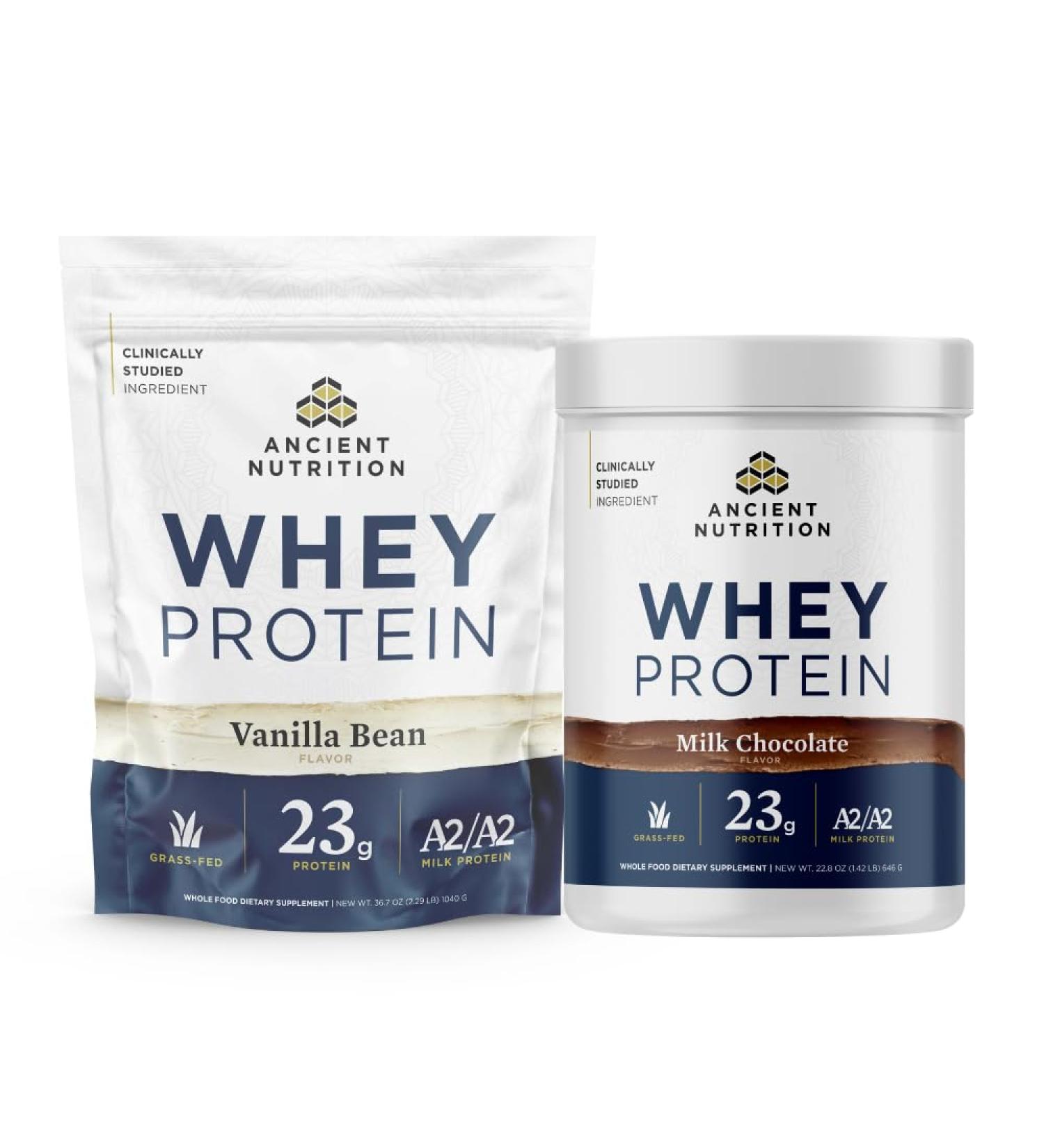 Ancient Nutrition Grass-fed Whey Protein Powder Vanilla Bean 35 Servings + Grass-fed Whey Protein Powder Milk Chocolate 20 Servings - Buy Online on GoSupps.com