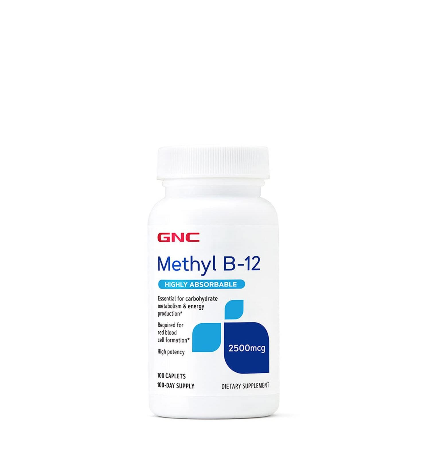 GNC Methyl B-12 2500 mcg - 100 Caplets | Premium Vitamin B12 Supplement - Buy Online on GoSupps.com