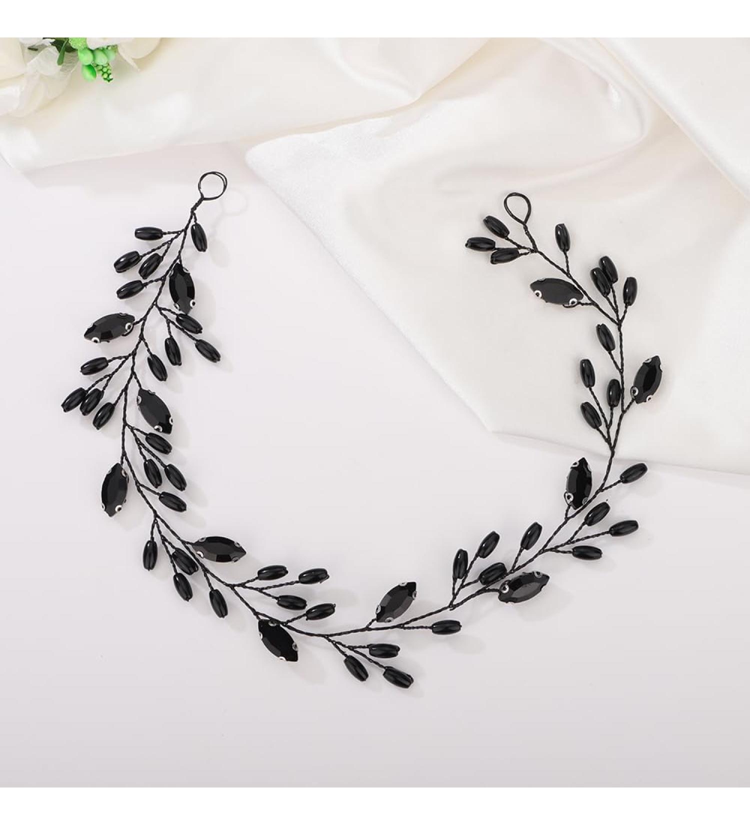Kercisbeauty Thin Long Black Crystal Beads Headband Wedding Bridal Handmade Hair Piece for Women Girls - Buy Online on GoSupps.com
