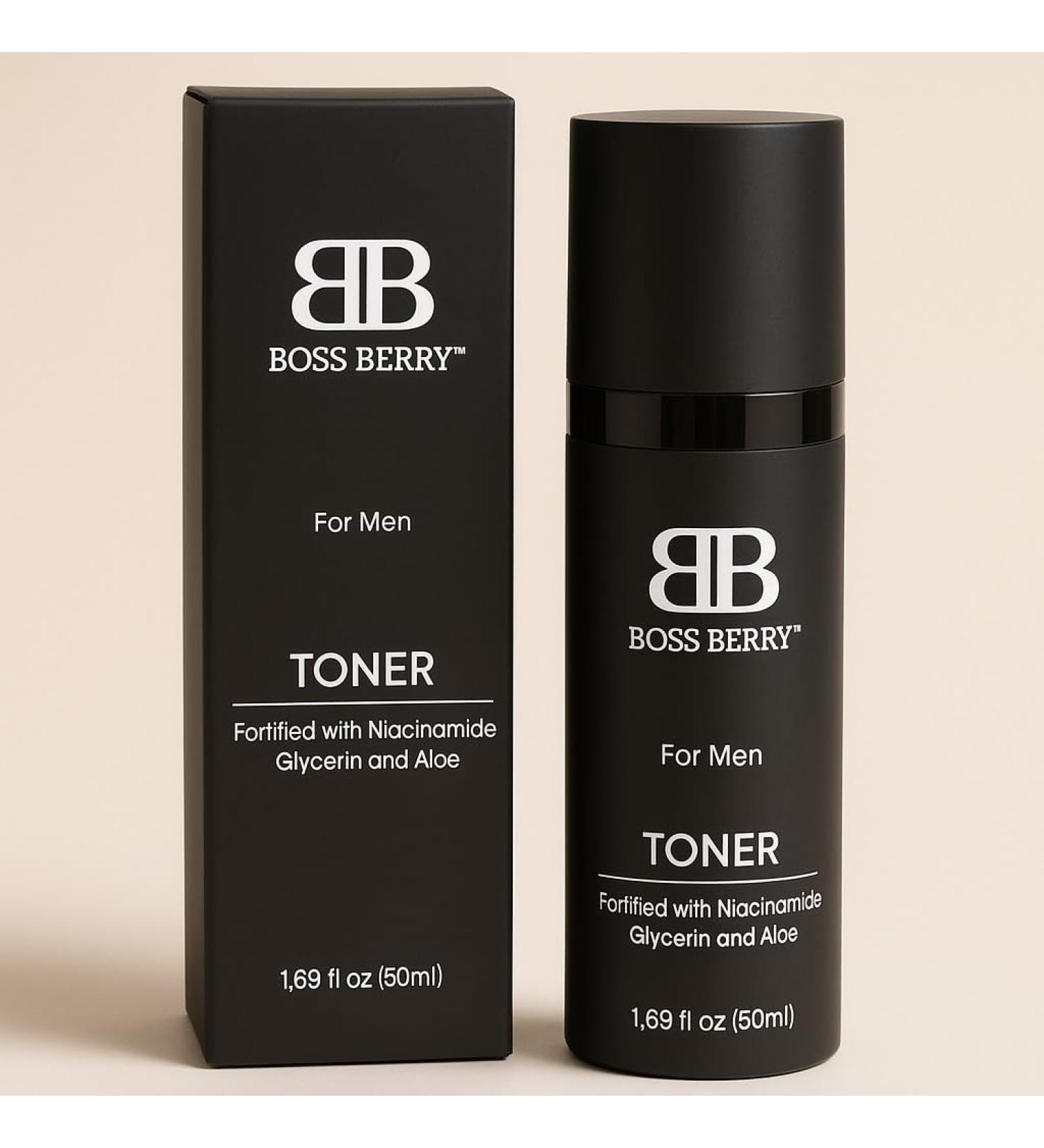 BOSS BERRY Refining Essence Daily Facial Toner for Men for Men with Niacinamide, Glycerin, Aloe, Trehalose and Potent Botanical Extracts Hydrating, Pore-Refining, Skin-Balancing 1.69 Fl Oz