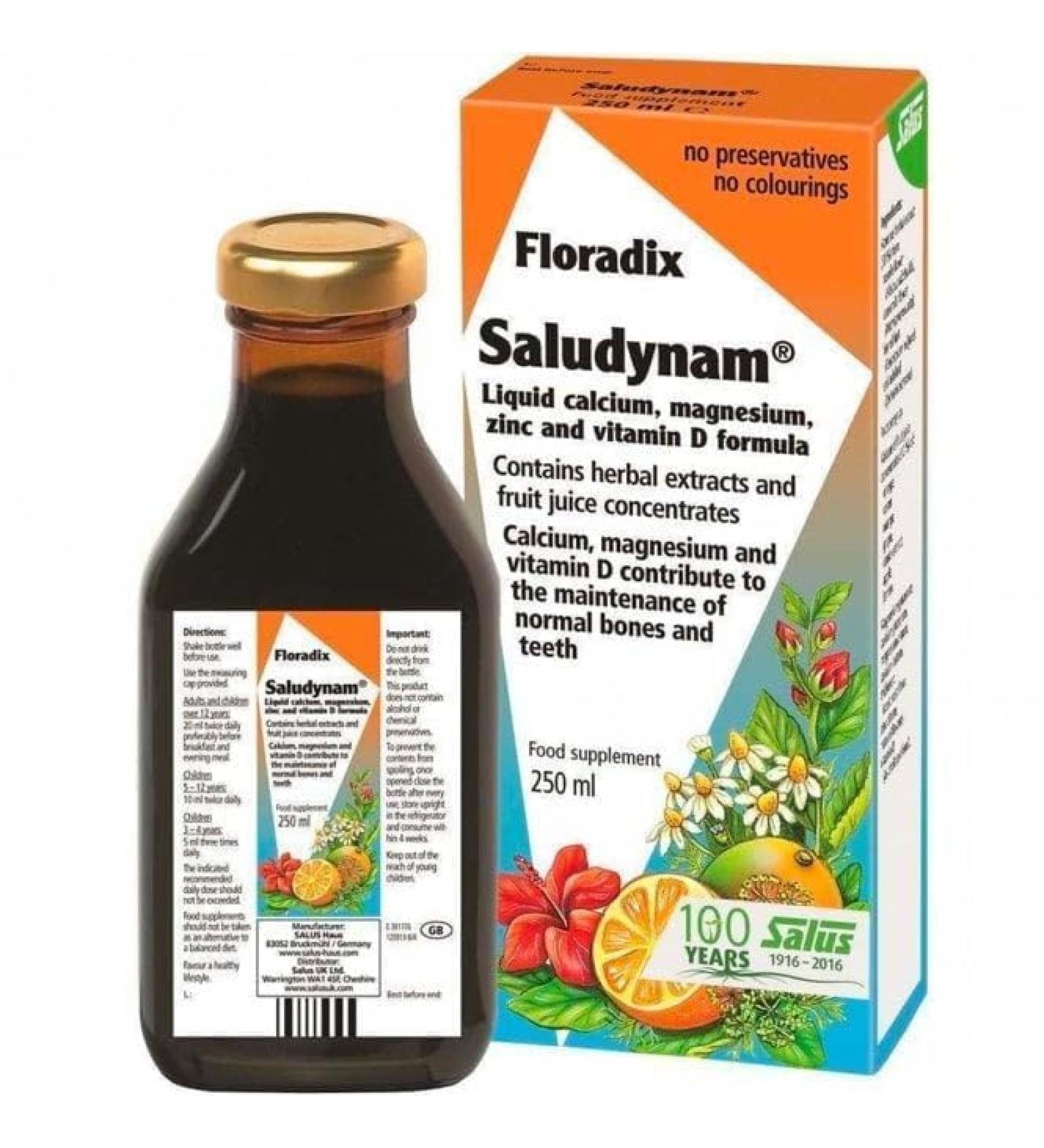 Saludynam Liquid Calcium Magnesium Zinc & Vitamin D Supplement 250ml | Salus Floradix - Buy Online on GoSupps.com