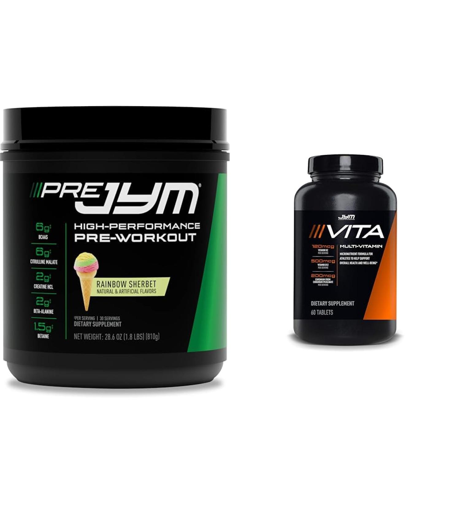 JYM Supplement Science Pre Jym Rainbow Sherbet Pre-Workout 30 Servings & Vita JYM Multivitamin for Athletes 60 Tablets Bundle - Buy Online on GoSupps.com