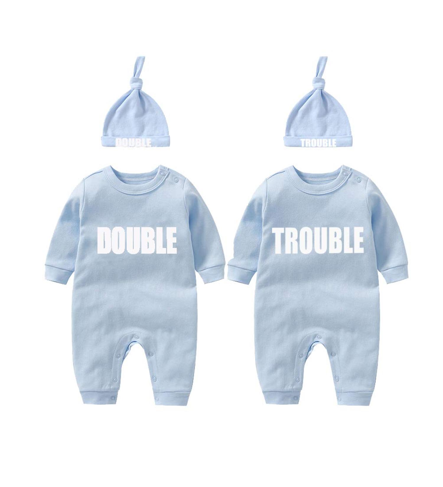 Culbutomind Baby Twins Bodysuits Double Trouble Romper Set with Hat - Blue (3-6 Months) - Buy Online on GoSupps.com