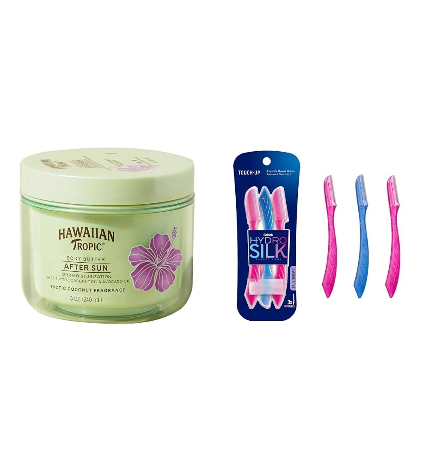 Hawaiian Tropic After Sun Body Butter with Coconut Oil 8oz and Schick Hydro Silk Dermaplaning Tool with Precision Cover 3ct Bundle - Buy Online on GoSupps.com