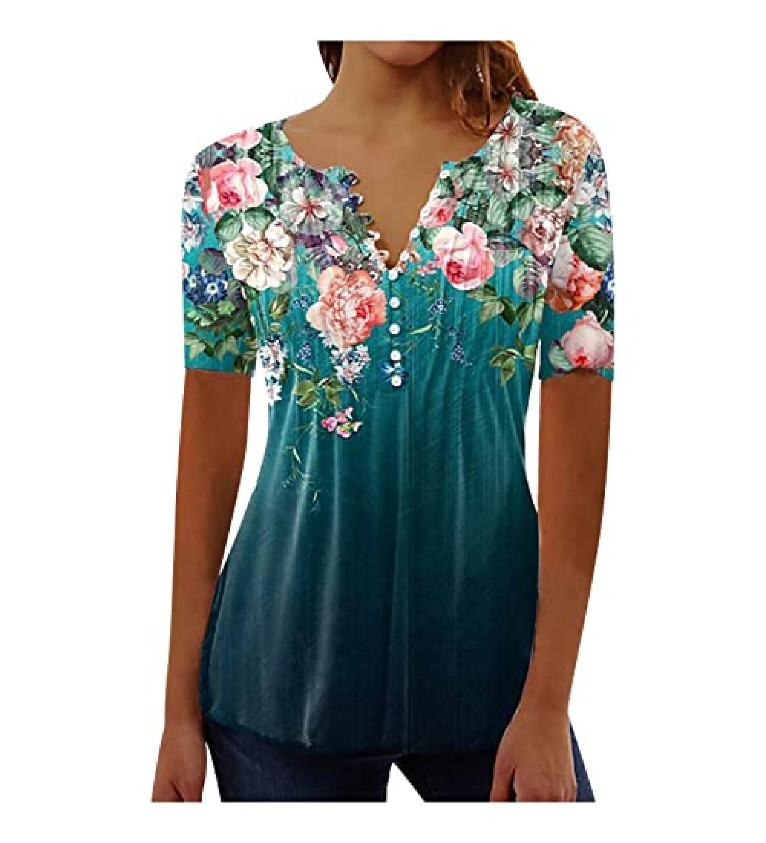 Women's Floral Printed Button Tunic Blouse - Short Sleeve V-Neck Cami Green 3X-Large - Buy Online on GoSupps.com