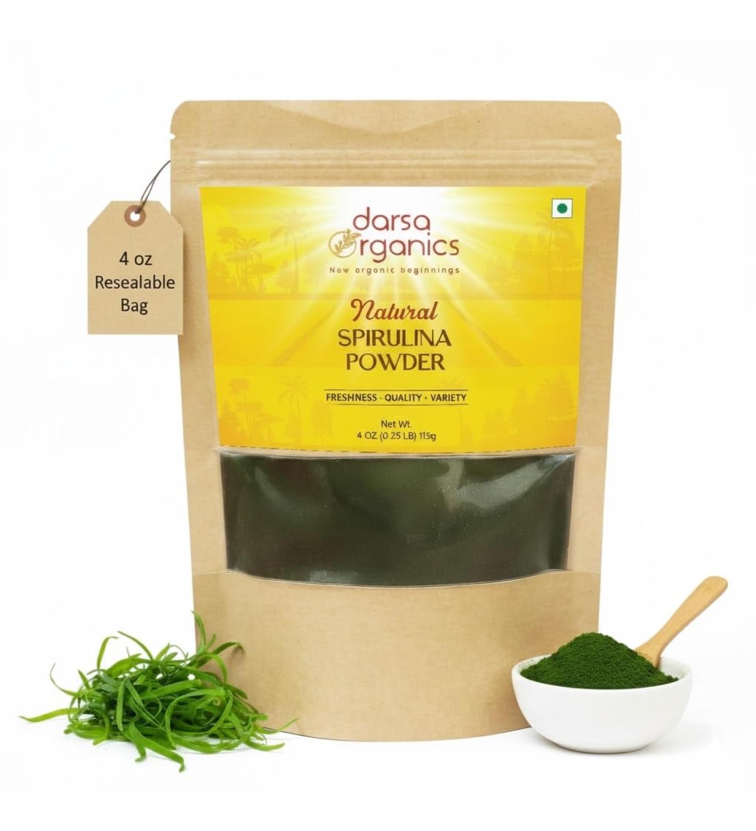 Darsa Organics Spirulina Powder 4 oz - USDA Organic Super Greens Plant-Based Spirulina Protein Powder for Smoothies - Non-GMO Vegan Kosher - Buy Online on GoSupps.com