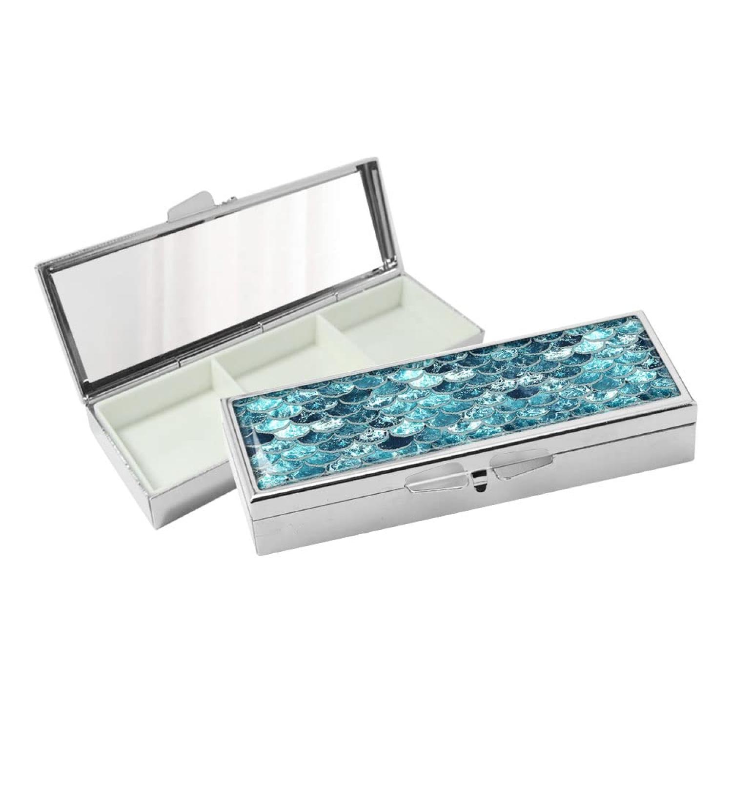 WIRESTER 3 Day Pill Box with Mirror | Rectangle Compartment Medicine Holder for Travel | Mermaid Scales Blue Wave Design - Buy Online on GoSupps.com