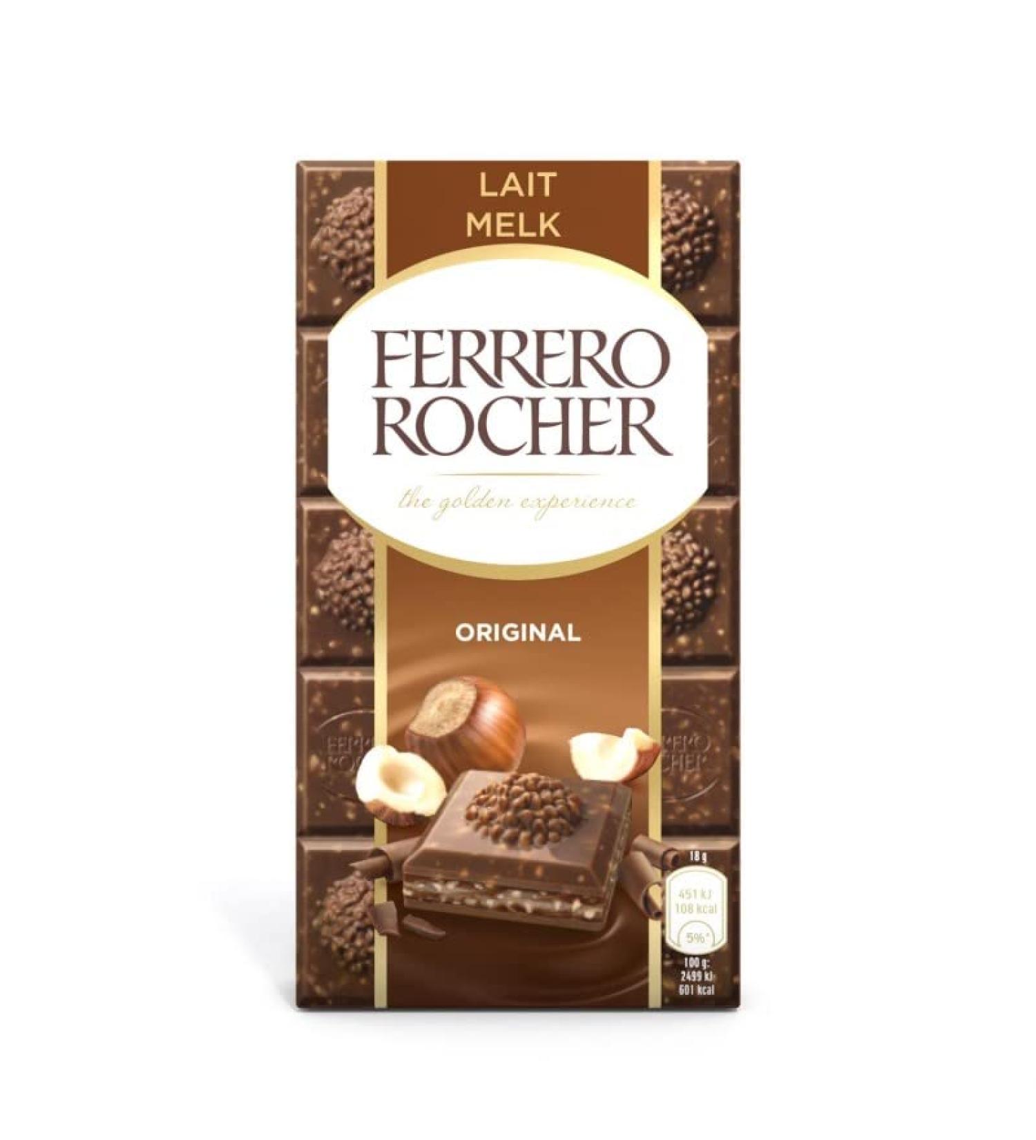 G n rique Ferrero Rocher - Original Milk Chocolate Bar - 90g A delicious blend of fine chocolate and crunchy hazelnuts - Sweet Grocery. - Pack of 4