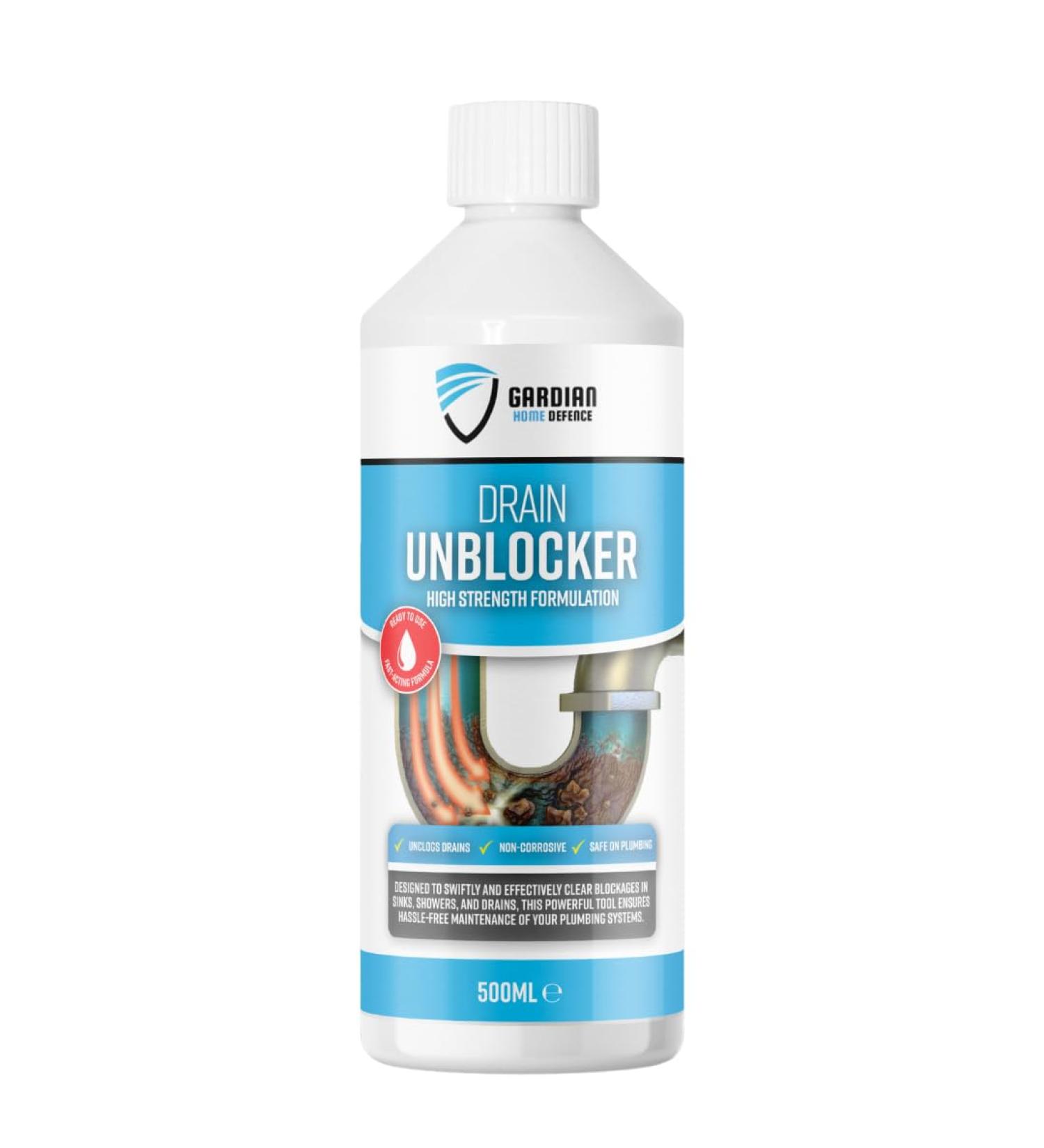 Gardian Drain Unblocker - 500 ml High Strength Drain Cleaner to Effectively Dissolve Clogs on Sinks Showers and Drains - Safe Non-Corrosive Easy-to-Use Drain and Sink Unblocker Liquid - Buy Online on GoSupps.com