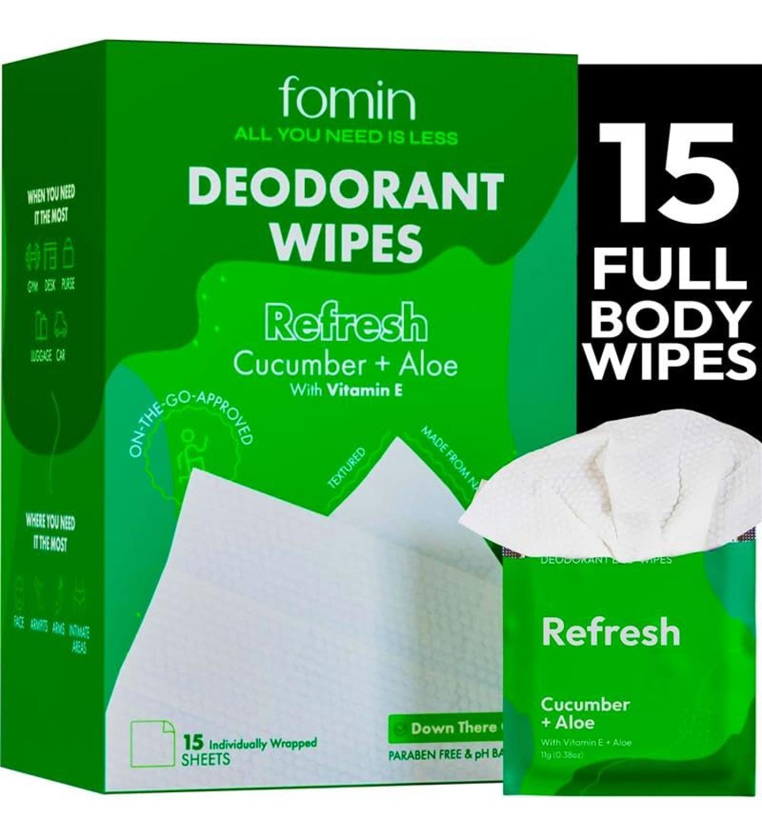 FOMIN Travel Deodorant Wipes - 15 Count - Refreshing Cucumber and Aloe - pH Balanced Hypoallergenic Mini Deodorant Wipes For Women and Men - Plastic-Free Individually Wrapped Underarm & Body Wipes Refresh - Cucumber Aloe 15 Count (Pack of 1) - Buy Online on GoSupps.com