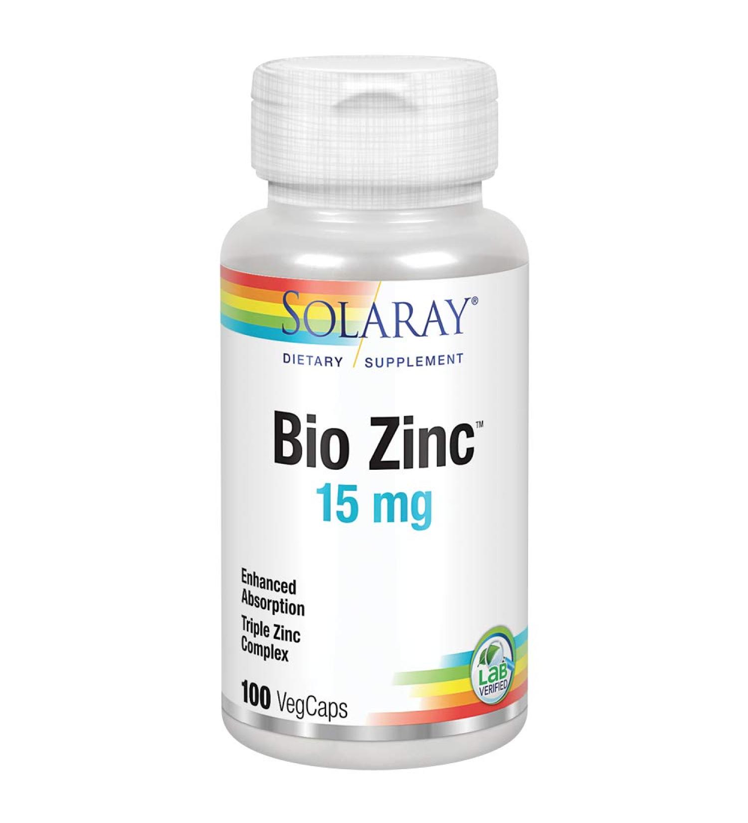 Solaray Bio Zinc 15 mg - 100 Vegan Capsules for Immune Support & Skin Health - Buy Online on GoSupps.com