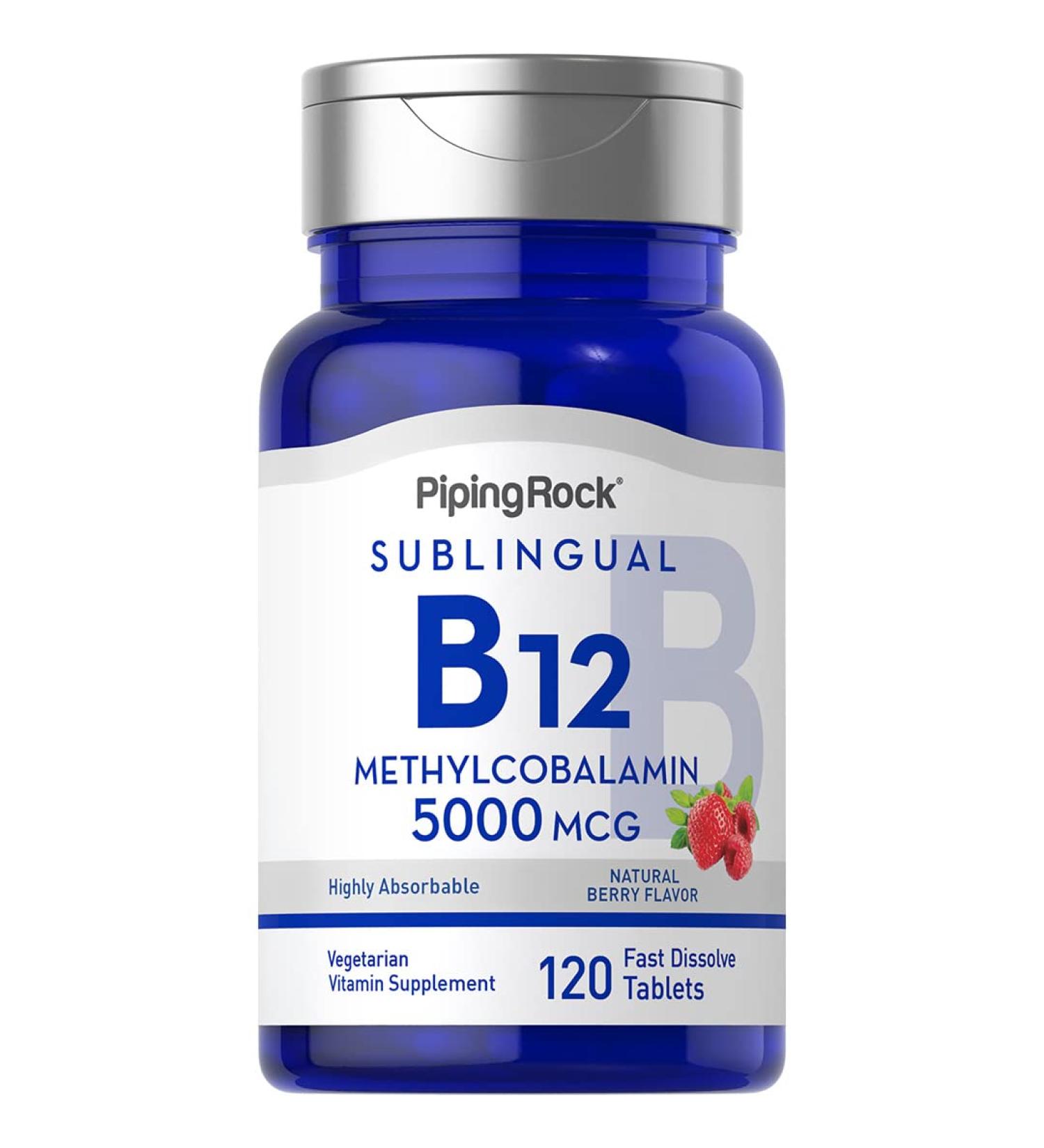 Piping Rock B12 Methylcobalamin 5000 mcg - 120 Fast Dissolve Tablets | Berry Flavor, Vegetarian & Gluten Free - Buy Online on GoSupps.com