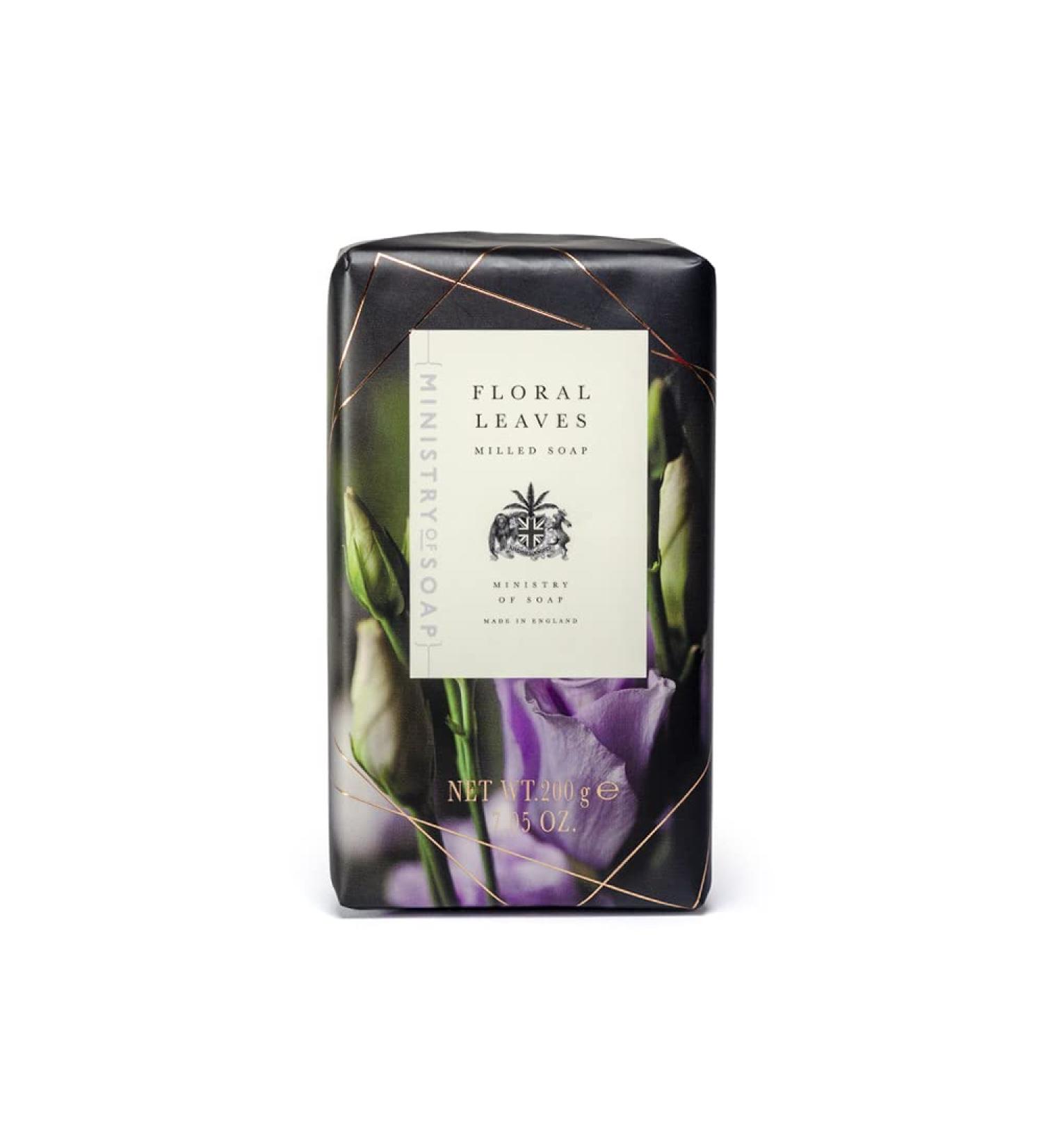 Ministry of Soap Dark Floral Wrapped Soap Naturally Coloured Triple-Milled Soap Floral Leaves 200g
