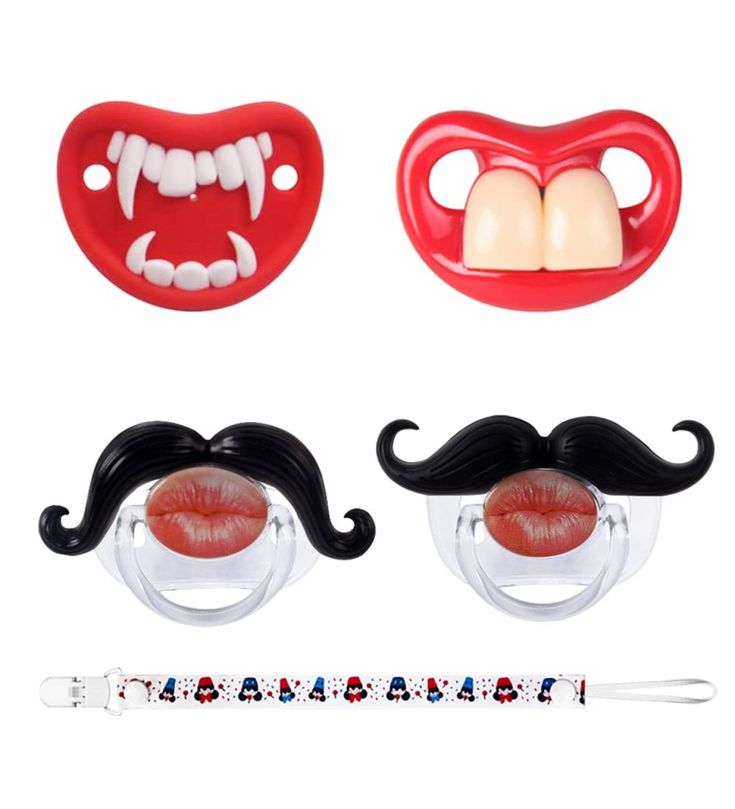 4 Pack Funny Baby Pacifiers 0-6 Months - Mustache, Lips, Binky Kiss Toys - BPA Free for Boys and Girls - Buy Online on GoSupps.com