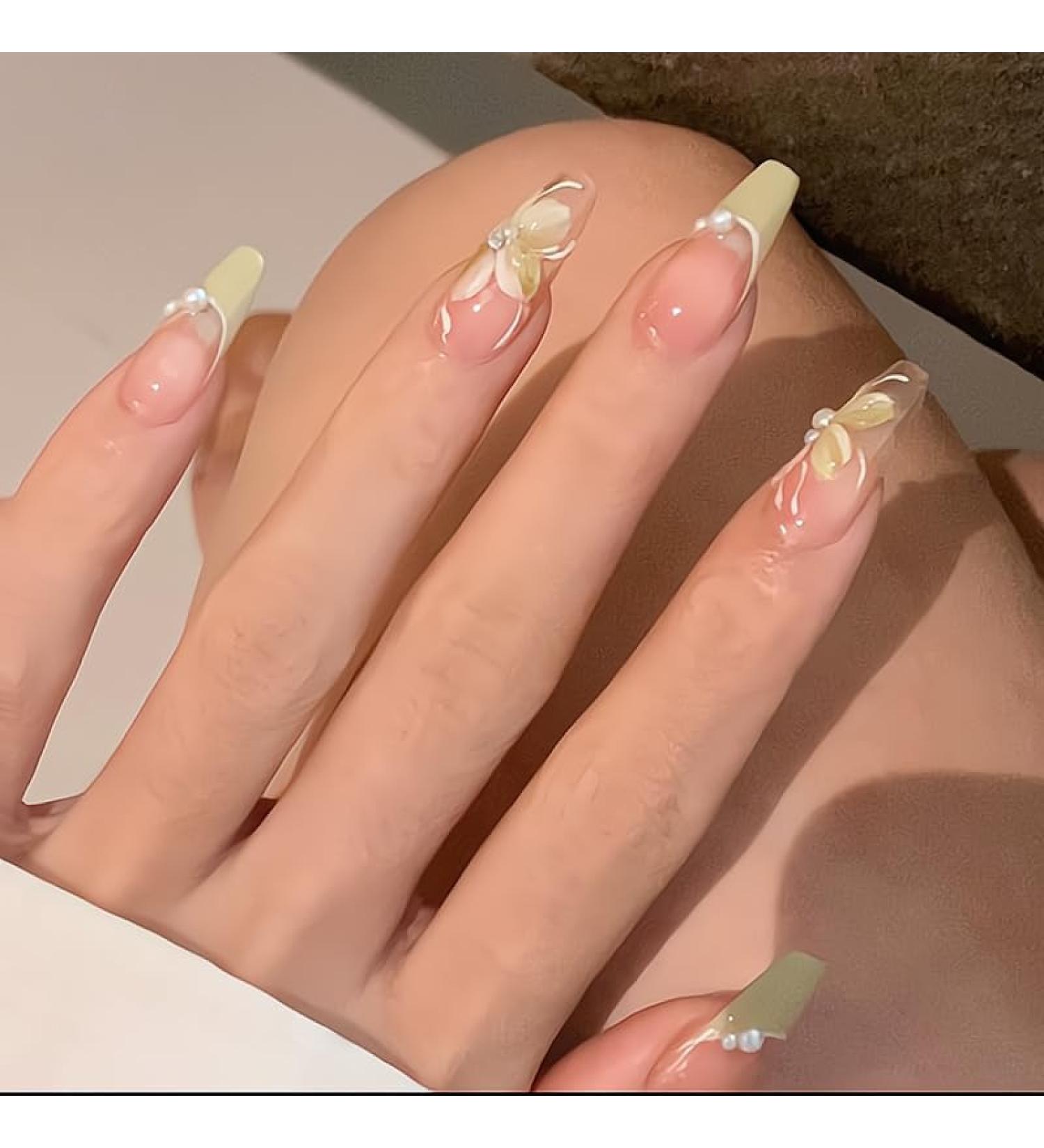 24Pcs/Set Press On Nails Long Ballet Nails With Pearl Natural Fresh Camellia Flowers False Nails Acrylic Fake Nails Full Cover Nails Tips Artificial Finger Manicure Press on nails for Women and Girls - Buy Online on GoSupps.com