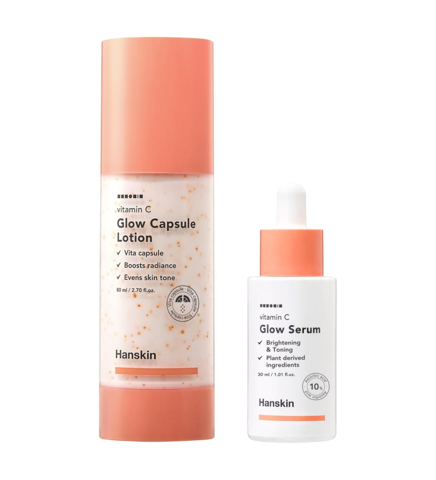 Hanskin Vitamin C Glow Duo Brightening Serum + Capsule Moisturizer Set with Pure Vitamin C B12 Niacinamide & Sea Buckthorn for Dark Spots Radiant Tone & Hydrating Korean Skincare - Buy Online on GoSupps.com