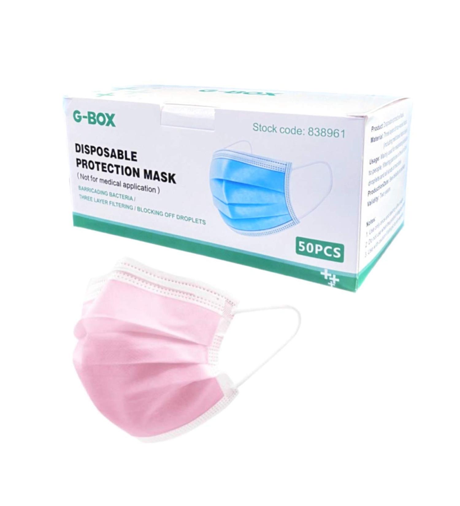 G-Box 3-Ply Adult Disposable Face Masks with Elastic Earloops & Metal Nose-wire (50 Pink) - Buy Online on GoSupps.com