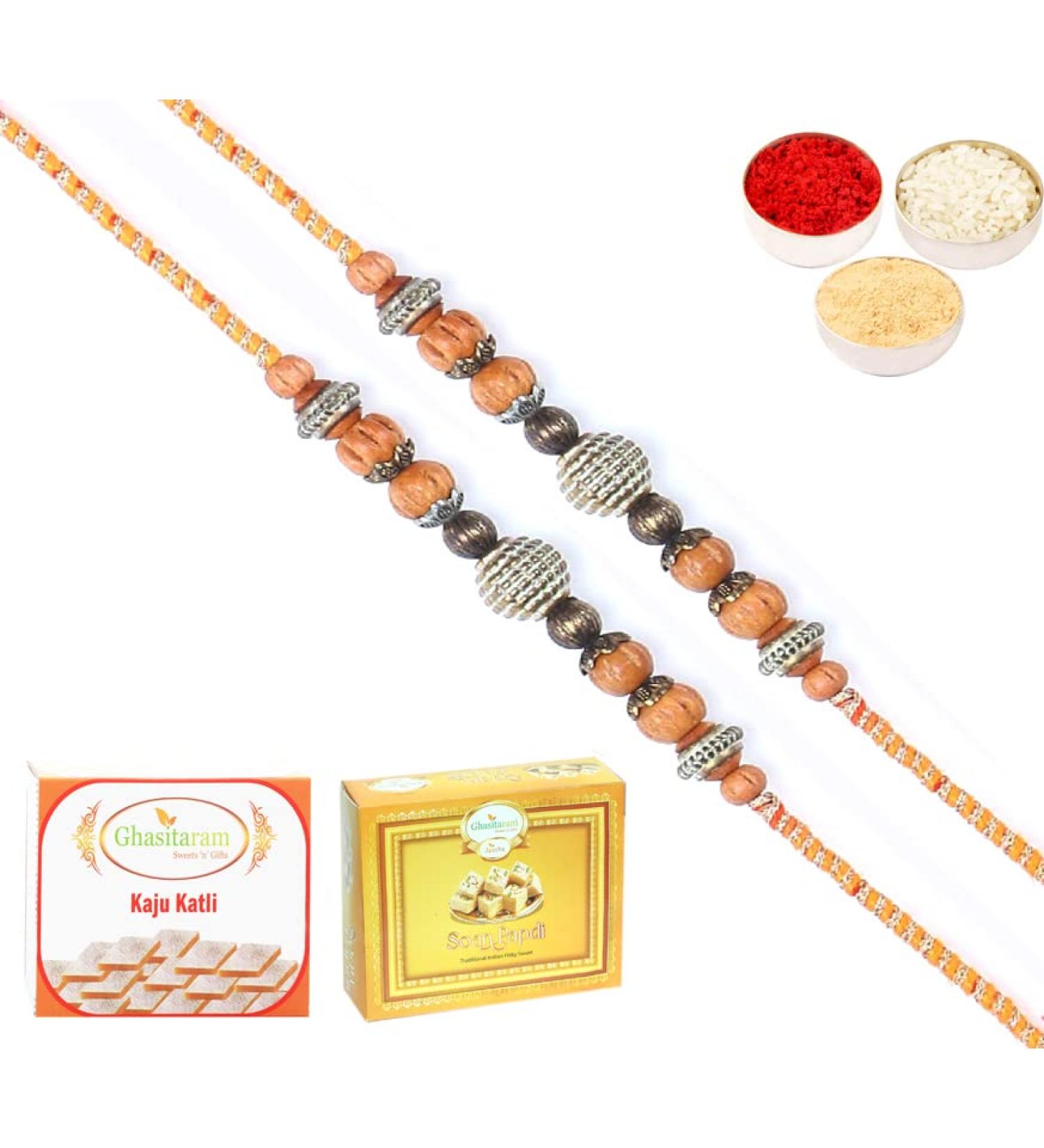 Ghasitaram Gifts Rakhi for Brother Rakhis Online - Set of 2 - L-1 Fancy Thread Rakhi with 200 GMS of Kaju katli and 200 GMS of Soan Papdi 2 Rakhis with 200 gms of Kaju katli and Soan Papdi - Buy Online on GoSupps.com