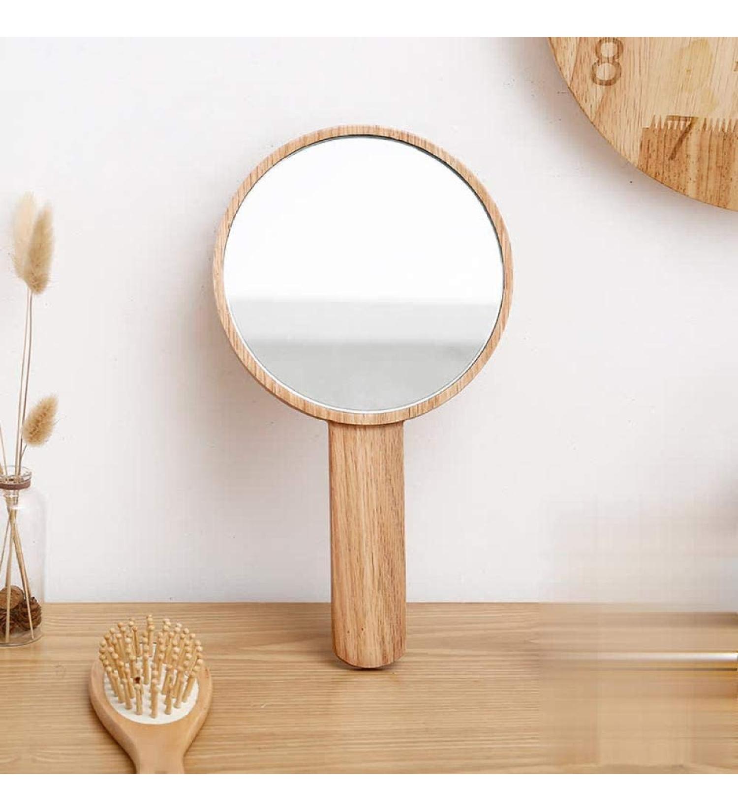 Sooiy Hd Handle Makeup Mirror Solid Wood Portable Shaving Mirror Handheld Mirror Beauty Wooden