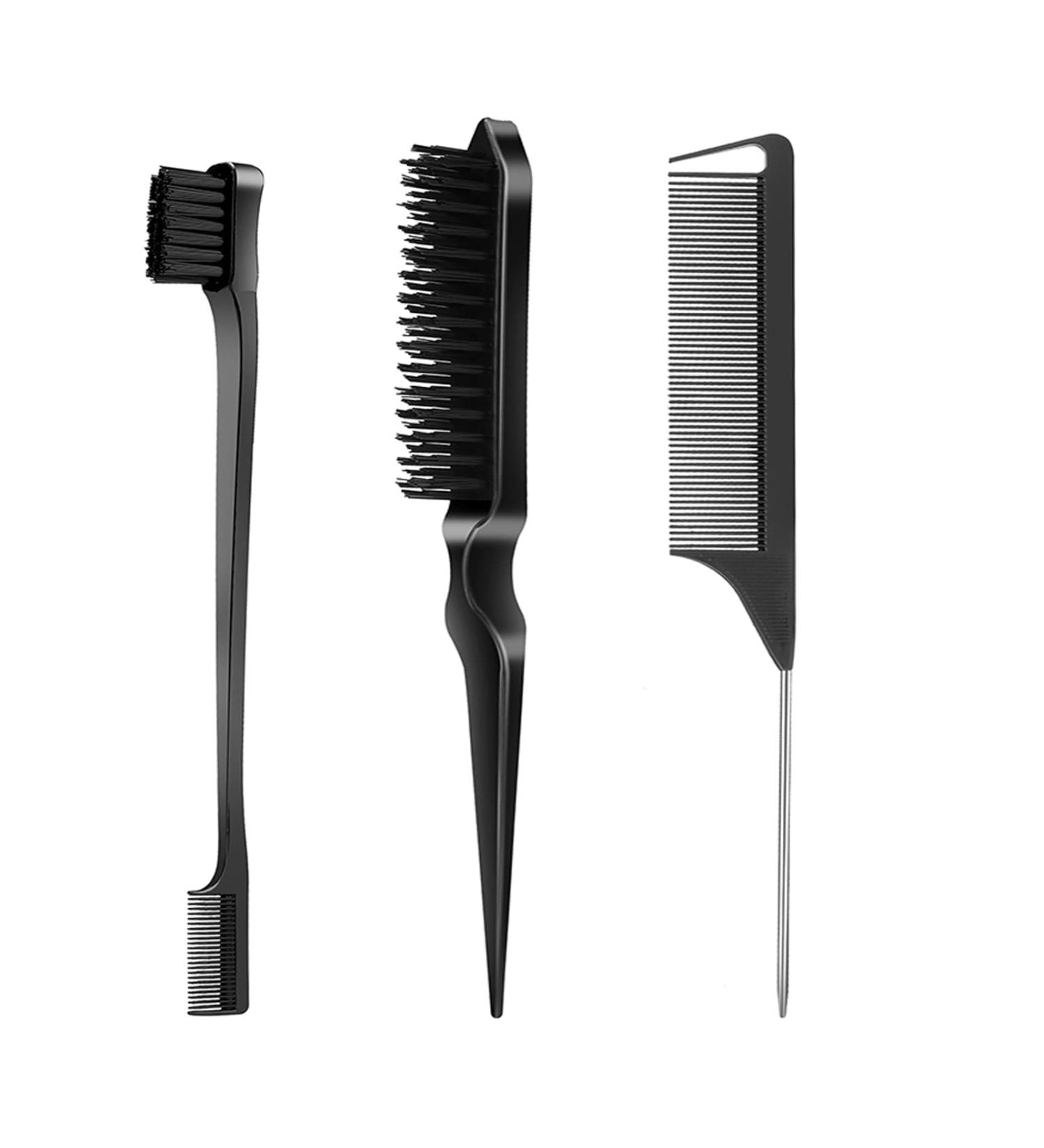 Sleek Bun Brush Set - 3 Pieces Teasing Hairbrush Edge Brush & Rat-Tailing Tool for Perfect Baby Hair - Black | International Shipping - Buy Online on GoSupps.com