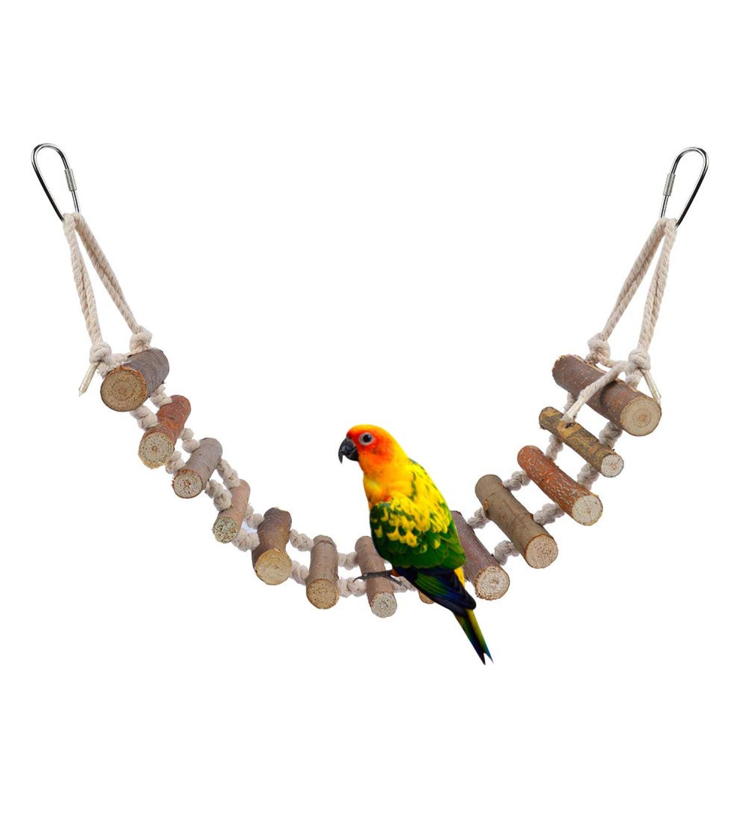 24in Natural Rope Parrot Ladder Toy for Birds - Ideal for African Grey, Cockatoo, Cockatiel, Conure, Budgie, Parakeet - Flexible Wooden Bridge Swing for Hamsters - Buy Online on GoSupps.com