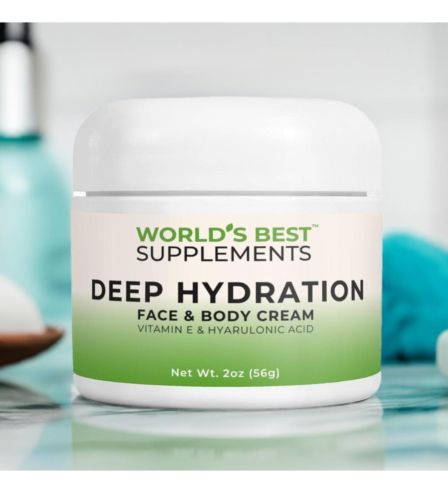 World's Best Supplements Deep Hydration Face & Body Cream | Hyaluronic Acid Vitamin E & Avocado Oil | 2oz - Buy Online on GoSupps.com