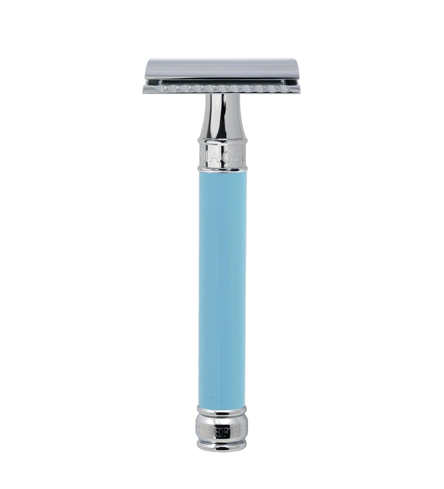 Edwin Jagger DELBE14BL Long Handle Reusable Classic Double Edge Safety Razor (Blue)