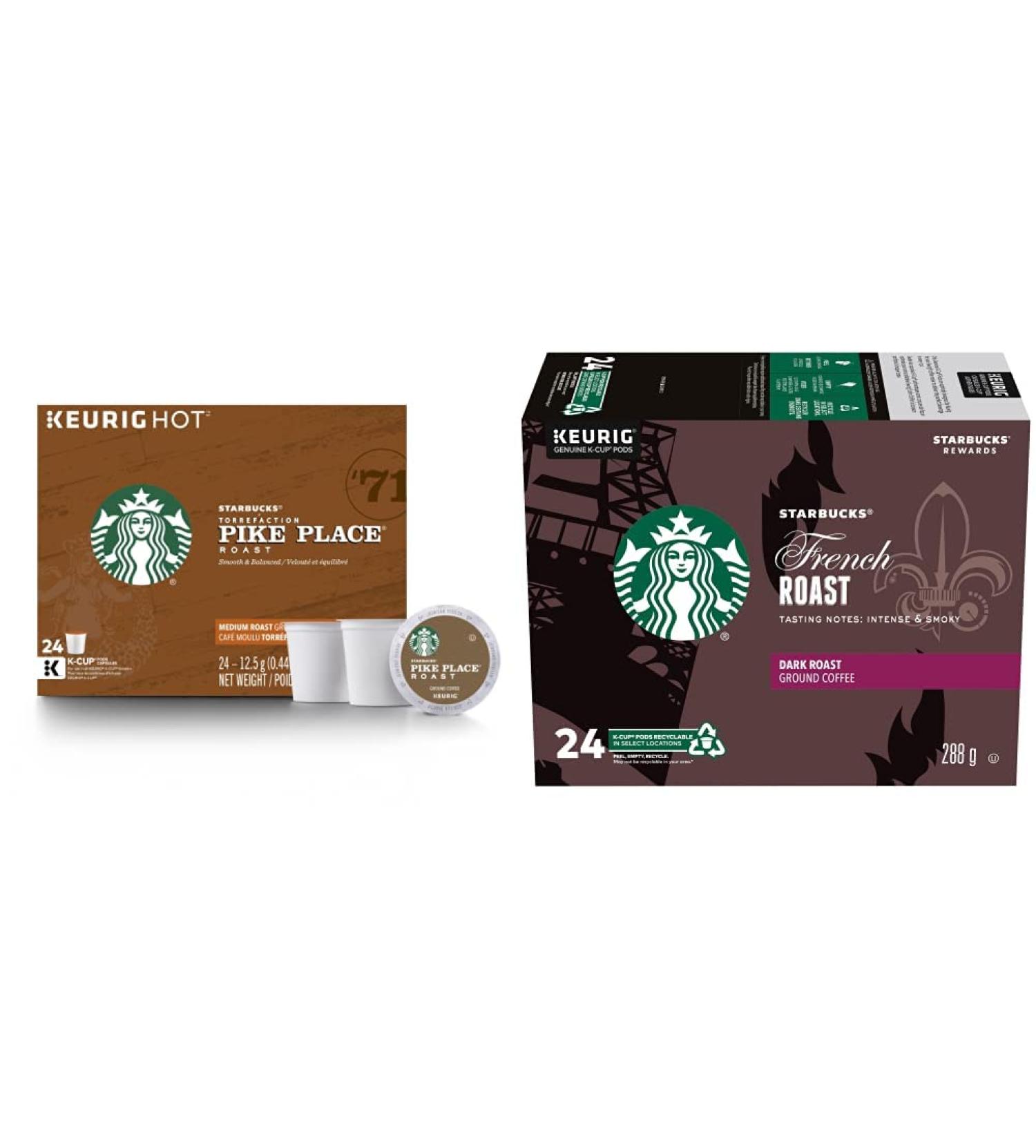 Starbucks Pike Place Medium Roast Coffee Single Serve Keurig K-Cup Pods 24 Capsules & French Roast Dark Roast Coffee Single Serve Keurig K-Cup Pods 24 Capsules - Buy Online on GoSupps.com