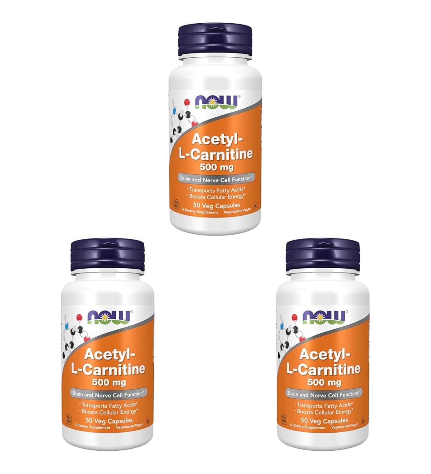 NOW Supplements Acetyl-L Carnitine 500 mg - Boost Brain & Nerve Function - 50 Veg Capsules (Pack of 3) - International Shipping Available - Buy Online on GoSupps.com