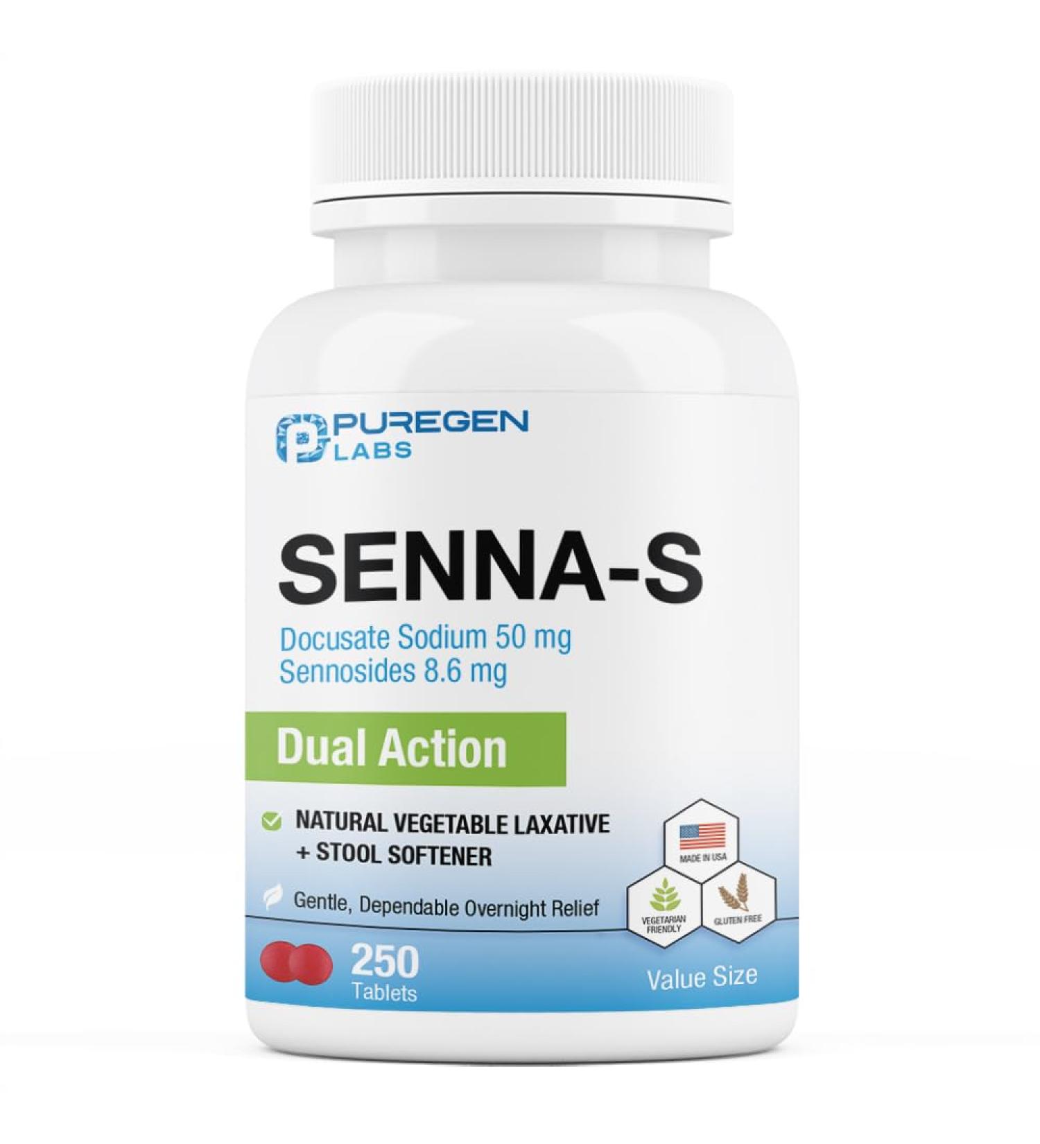 Puregen Labs Senna-S Natural Vegetable Laxative & Stool Softener 250 Tablets | Gentle Overnight Relief for Occasional Constipation - Buy Online on GoSupps.com