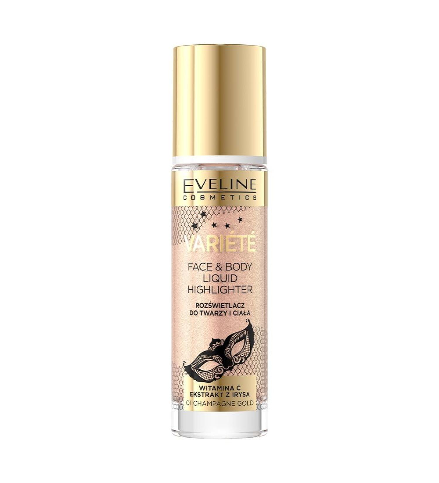 Eveline Cosmetics Varit Liquid highlighter for face and body No 01 Champagne Gold versatile formula for cheeks eyes lips and body enriched with vitamin C and iris extract - Buy Online on GoSupps.com