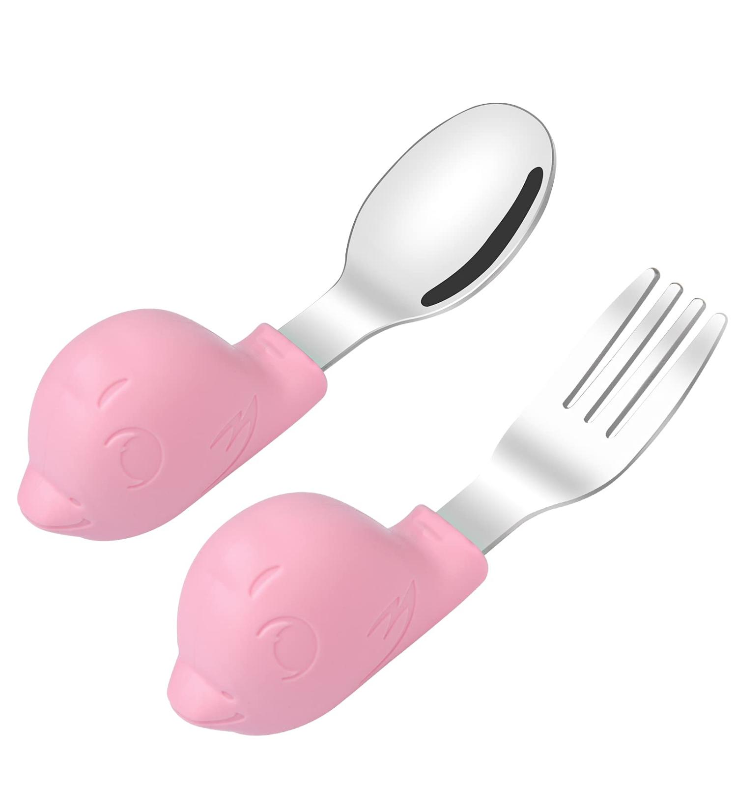 Vicloon Baby Fork and Spoon Set - Silicone Stainless Steel Cutlery for Children, Ergonomic Design for Self-Feeding (Pink Bird) - Buy Online on GoSupps.com