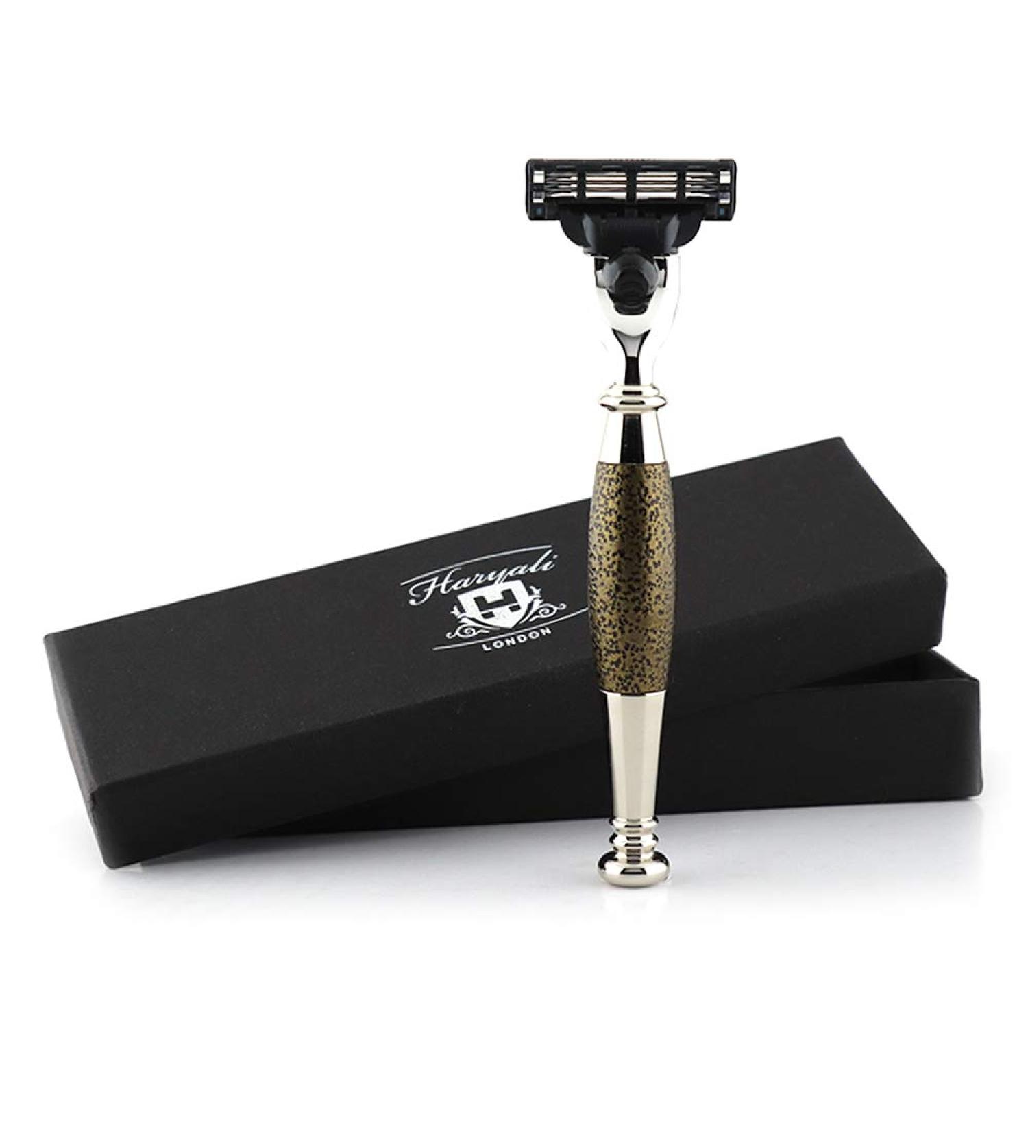 Haryali London Safety Razor - 3 Edges Golden Antique Handle for Men | Premium Beard & Mustache Grooming - Buy Online on GoSupps.com