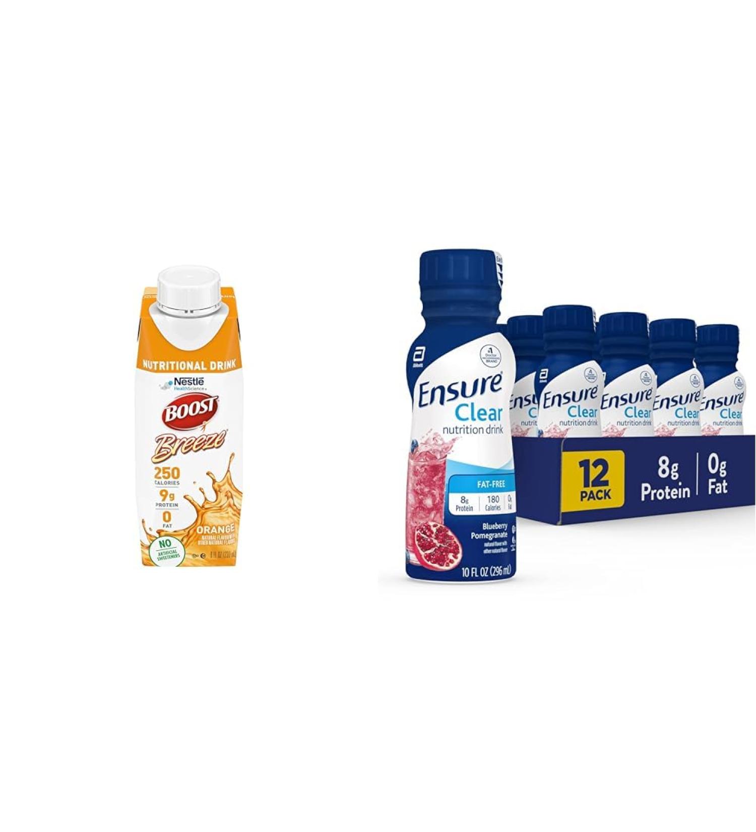 BOOST Breeze Clear Nutritional Drink with Orange Ensure Clear Nutrition Drink with Blueberry Pomegranate Protein and Calorie Drinks (Pack of 24 and Pack of 12) - Buy Online on GoSupps.com