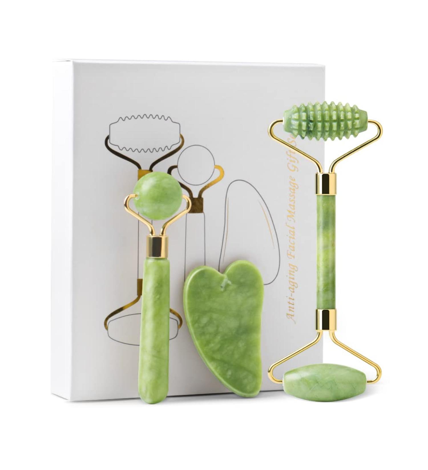 Chyaya Jade Roller & Gua Sha Massage Set - Natural Anti-Aging Facial Tools for Skin Care & Muscle Relaxation (3 Pieces) - Buy Online on GoSupps.com