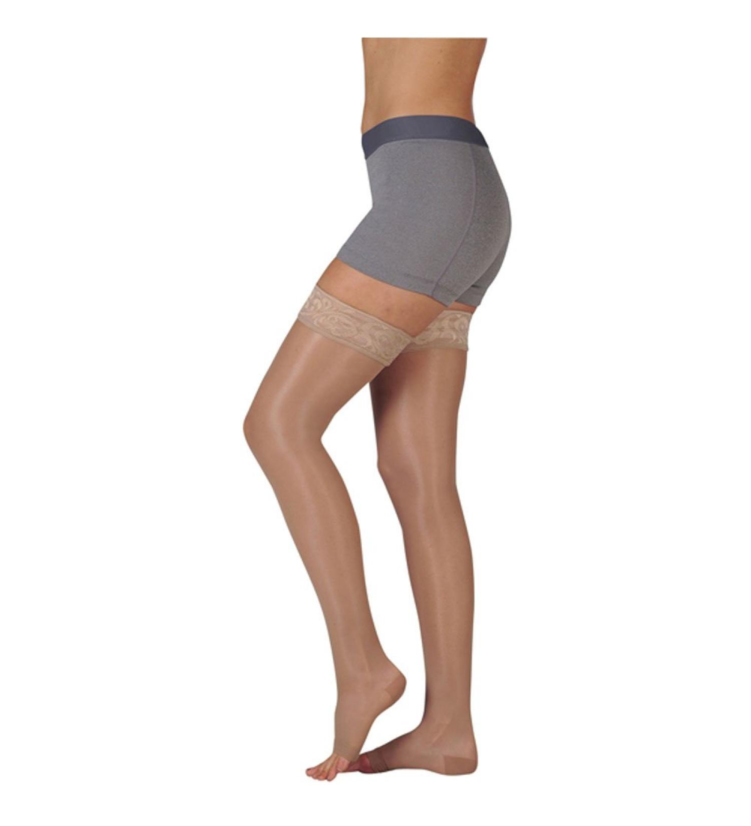Juzo Naturally Sheer Compression Thigh High w/Silicone Top Band Open Toe 15-20mmHg II Beige