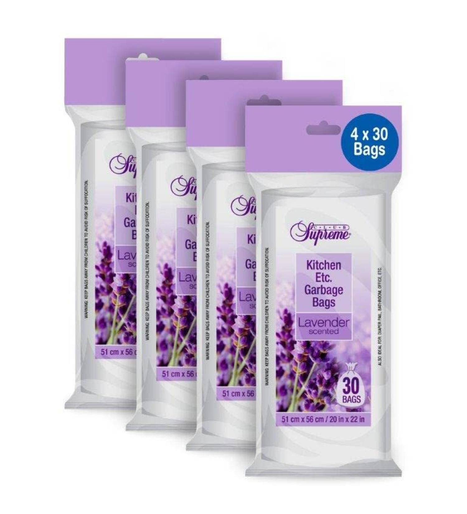 Club Supreme Lavender Scented Kitchen Clear Garbage Bags - Small Plastic Trash Bags for Kitchen Etc - 4 rolls total of 120 Bags - 51 X 56 Cm/20 X 22 In - 21 Liters Transparent 30 Count (Pack of 4)
