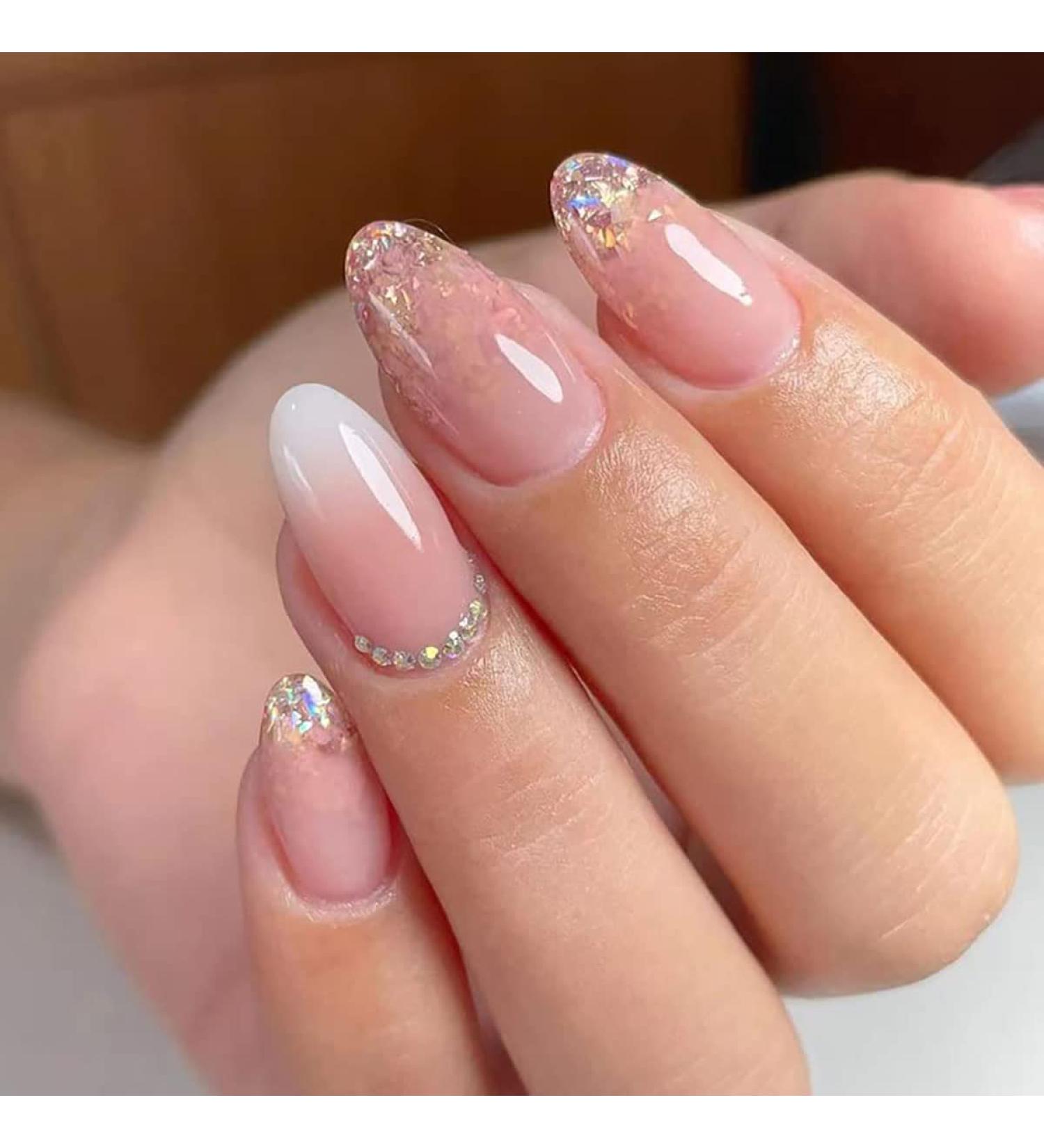 Gradient Pink Almond False Nails - 24 Pcs Medium Press-On with Rhinestones and Adhesive Tabs for Women - Buy Online on GoSupps.com