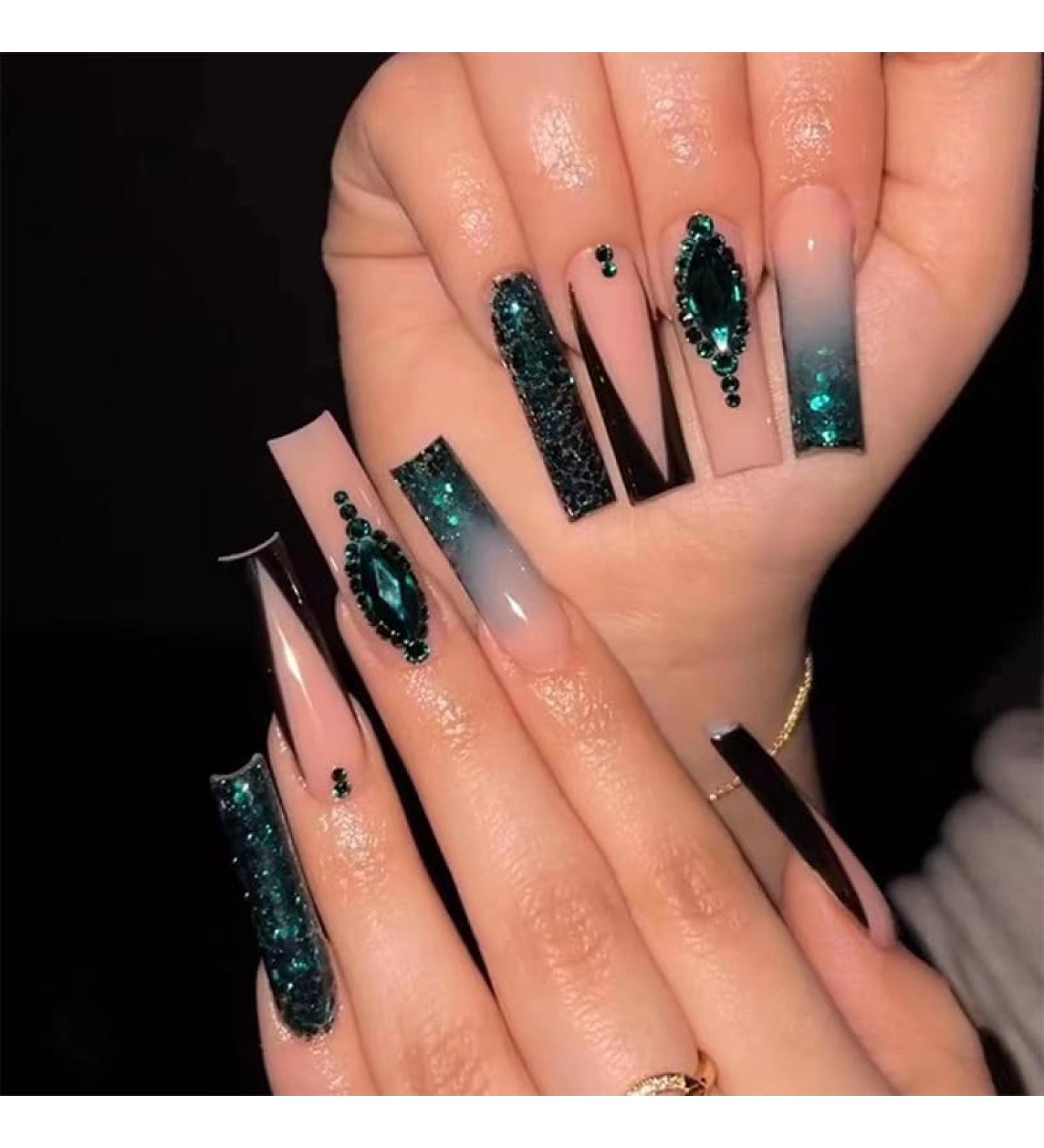 24Pcs/Set Press On Nails Starry sky Green Sparkling Diamond Long False Nails Acrylic Fake Nails Full Cover Nails Tips Artificial Finger Manicure Press on nails for Women and Girls - Buy Online on GoSupps.com