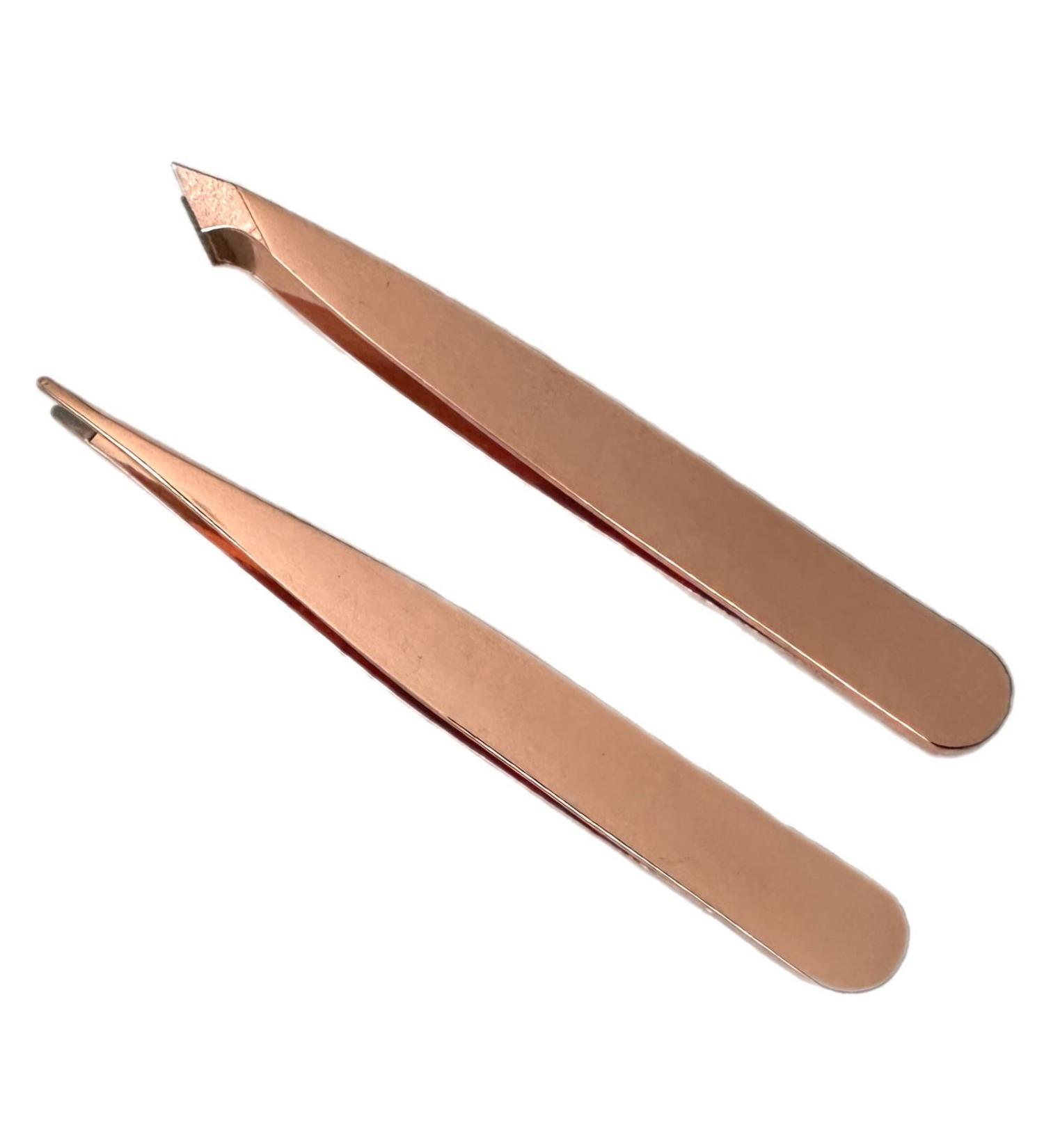 2pc Compact Tweezers Set - Slanted & Pointed Tips - Stainless Steel Rose Gold - Multipurpose Tool for Eyebrows, Facial Hair, Splinters, and Ingrown Hairs - Buy Online on GoSupps.com
