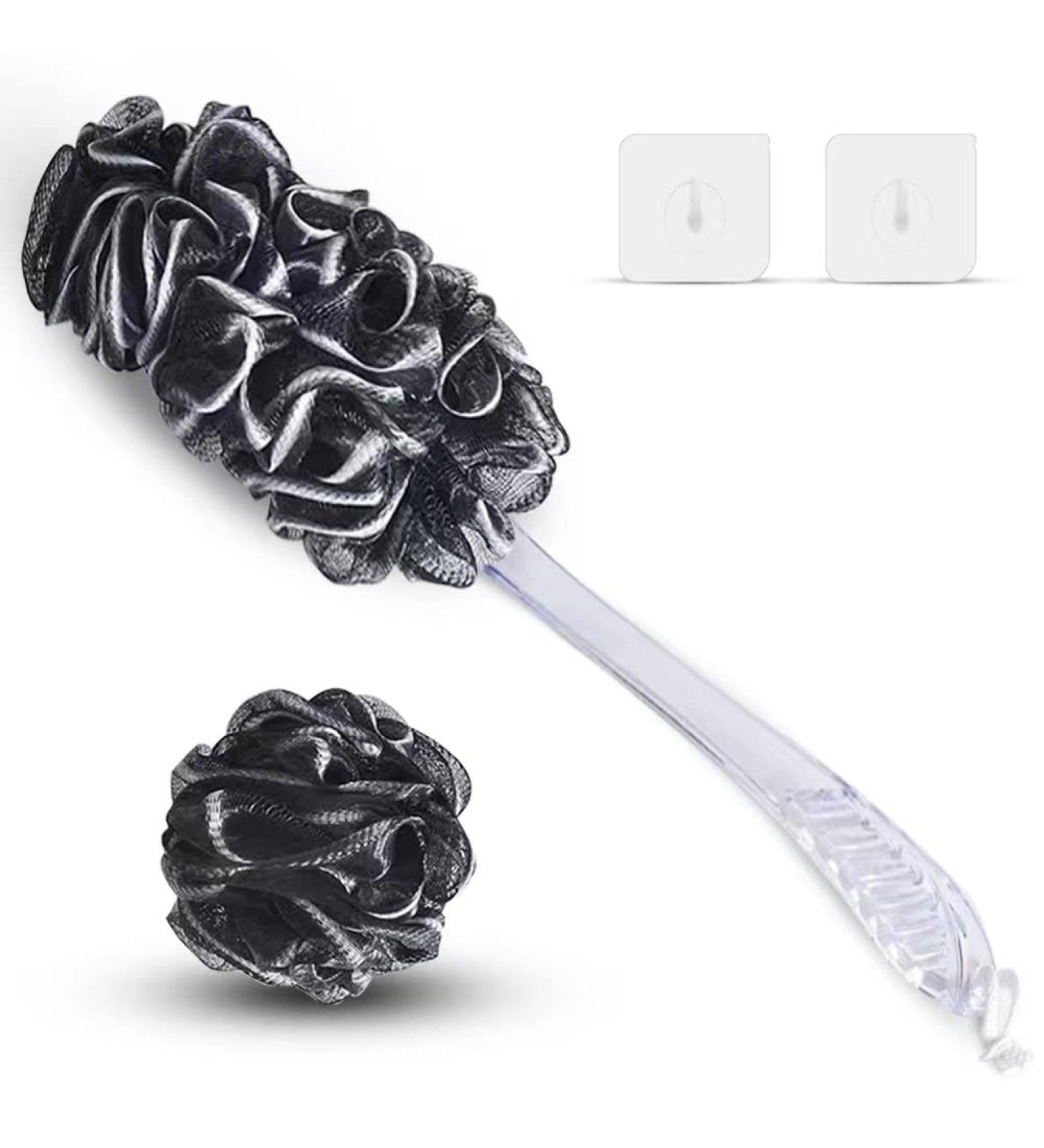 Loofah Charcoal Back Scrubber Set - 1 Long Handle Brush, 1 Large Mesh Pouf, 2 Hooks - Shower Sponge for Men and Women - Buy Online on GoSupps.com