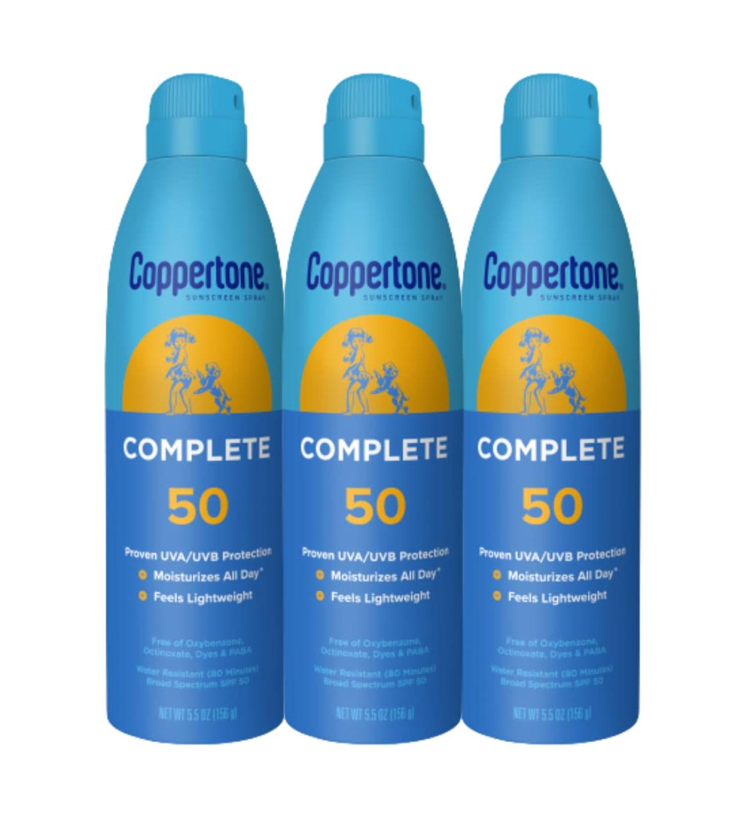 Coppertone COMPLETE SPF 50 Sunscreen Spray Pack - Water Resistant, Lightweight Moisturizing Formula - 5.5 Oz (Pack of 3) - Buy Online on GoSupps.com