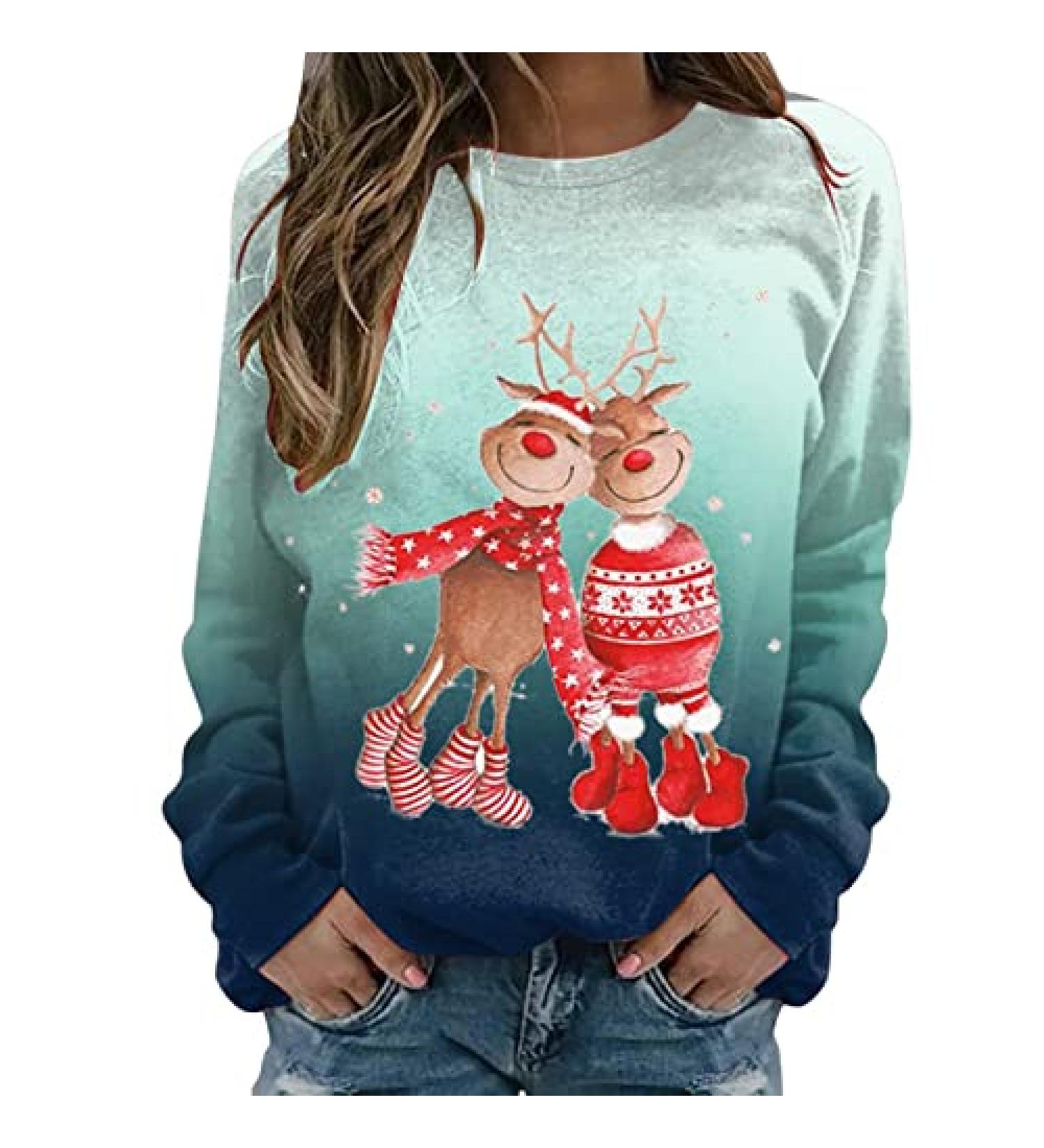 Yck-SAiWed Women's Ugly Christmas Sweatshirt - Gradient Reindeer Print, Crew Neck, Long Sleeve - Green, Large - Buy Online on GoSupps.com