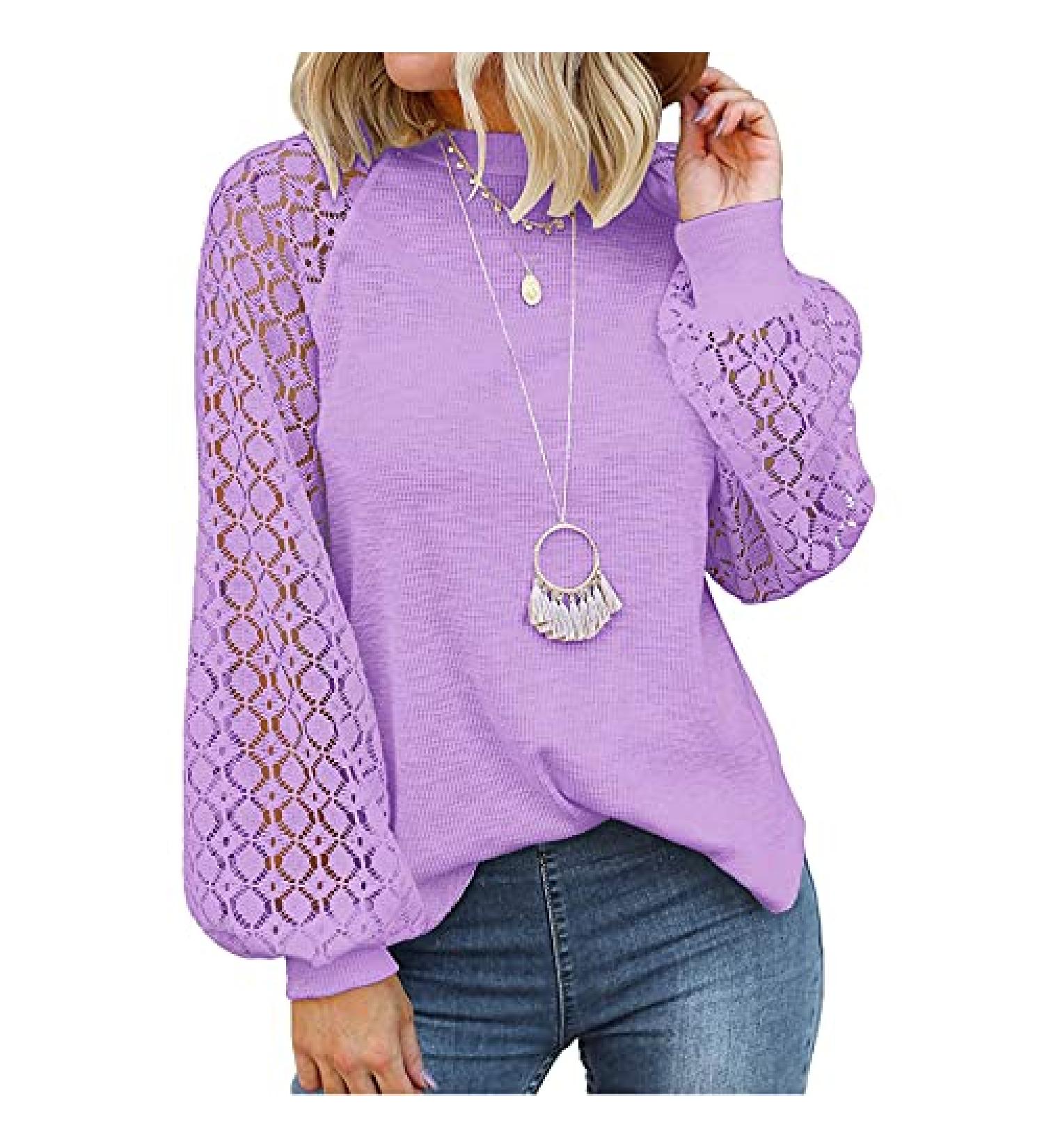Lace Long Sleeve Women's Top Dressy Casual Purple Blouse