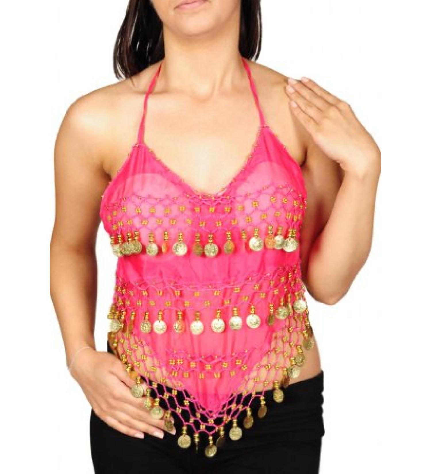 PEARL Belly Dance Costume Coin Bra Halter Top with Silver or Gold Coins - 7 Colors Fuchsia With Silver Coins