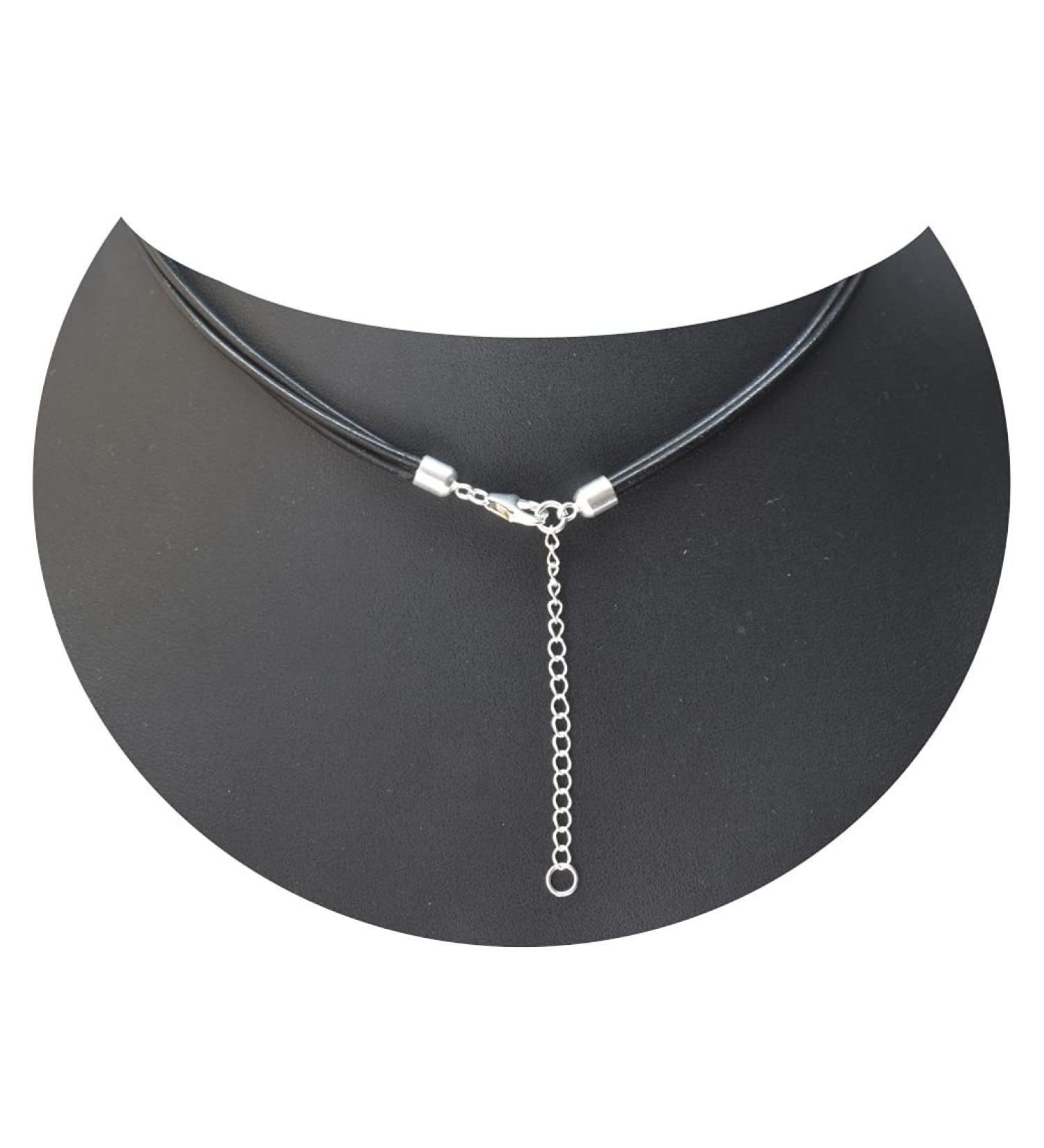 3 Strand 1.8 mm Leather Cord Necklace,Sterling Silver Caps and Clasp, 5cm Extention Silver Chain Black (15.5")